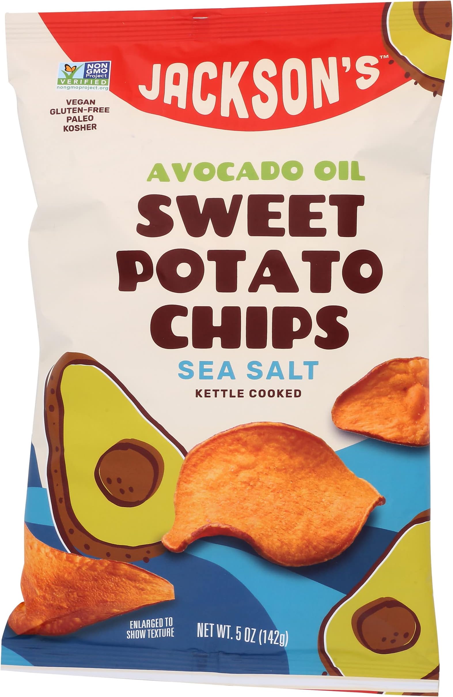 Jacksons Chips Sweet Potato Chips Avocado Oil Sea Salt Flavor Kettle Cooked, Vegan, Gluten Free, Non GMO, Paleo and Kosher Friendly, 5 Ounce (Pack of 12)
