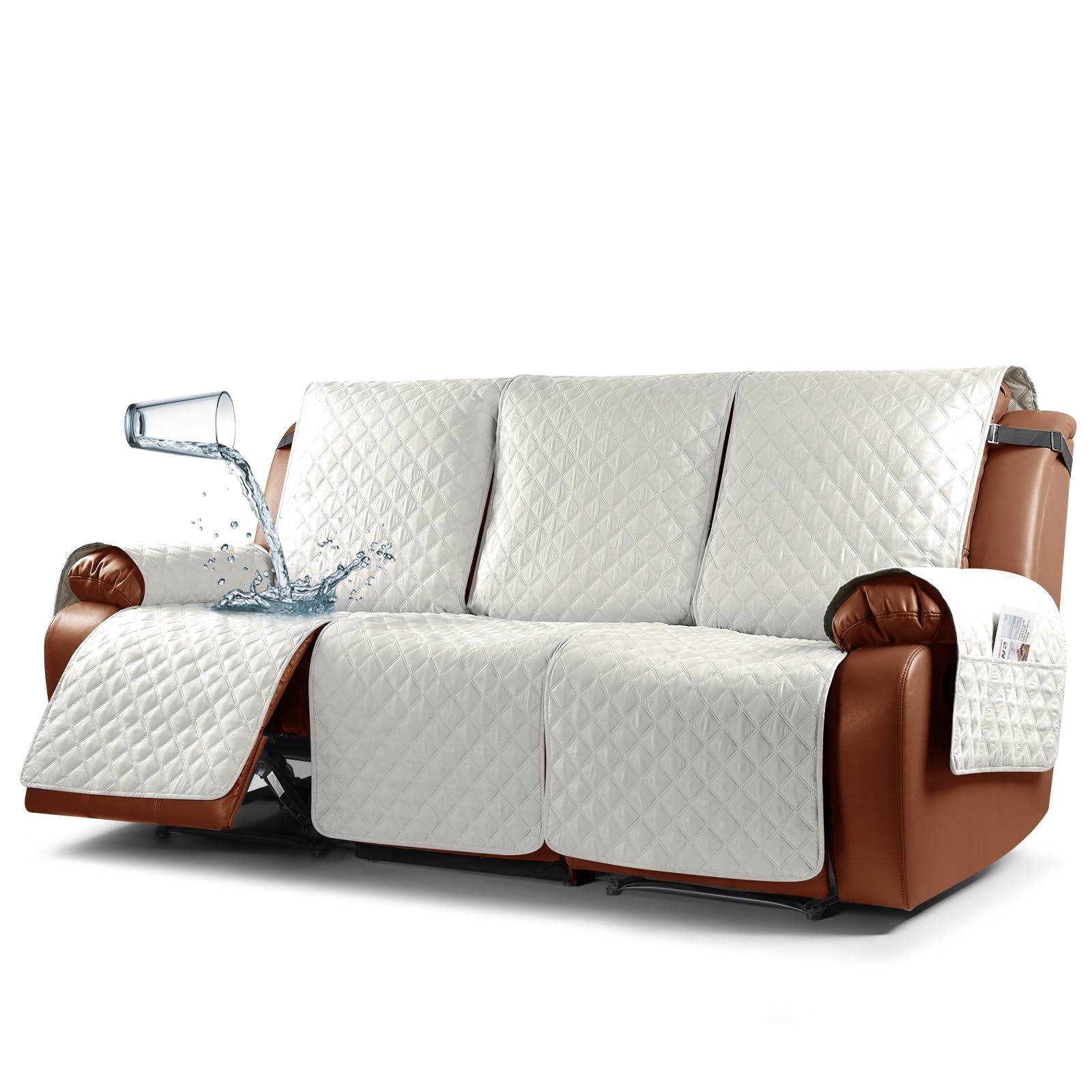 Ruaozz Waterproof Recliner Sofa Cover 1-Piece Couch Covers for Reclining Couches Furniture Protector with Elastic Straps Pocket for Kids, Dogs, Pets (Beige, 3 Seater)