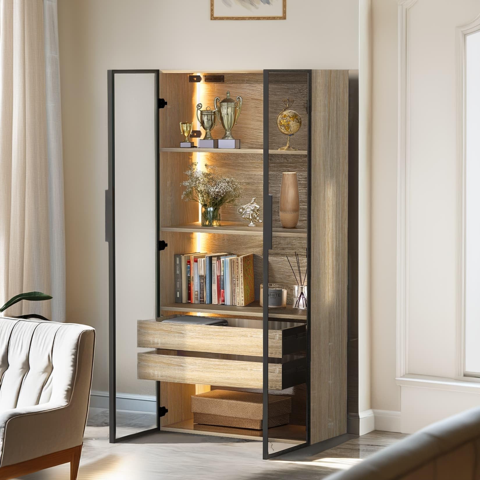 PUGSDRLY Meuble de Salle de Bain,Vitrine en Verre avec LED Réglables,2 Tiroirs,2 Portes Vitrées,Armoire Chambre,Meuble de Rangement,Buffet Cuisine,pour Salon,Chambre,74x36x155 (A)