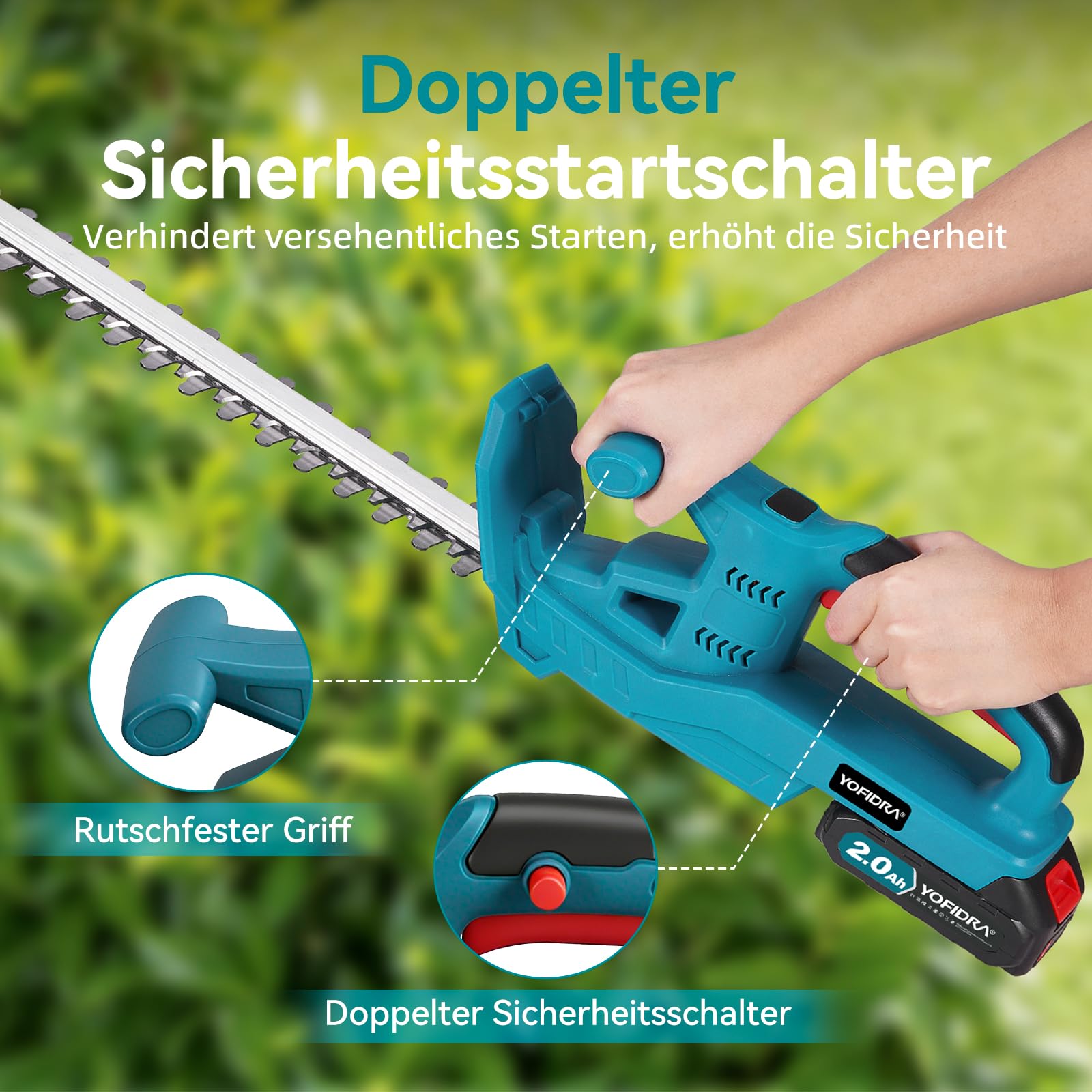 Yofidra Heckenschere Akku, 50cm Dual Schnittklingen Schnittlänge | Elektrische Heckenschere mit 2 x 2000mAh Akku & Ladegerät, 15mm Zahnabstand, Leichte Elektro-Heckenschere mit Schutzhülle