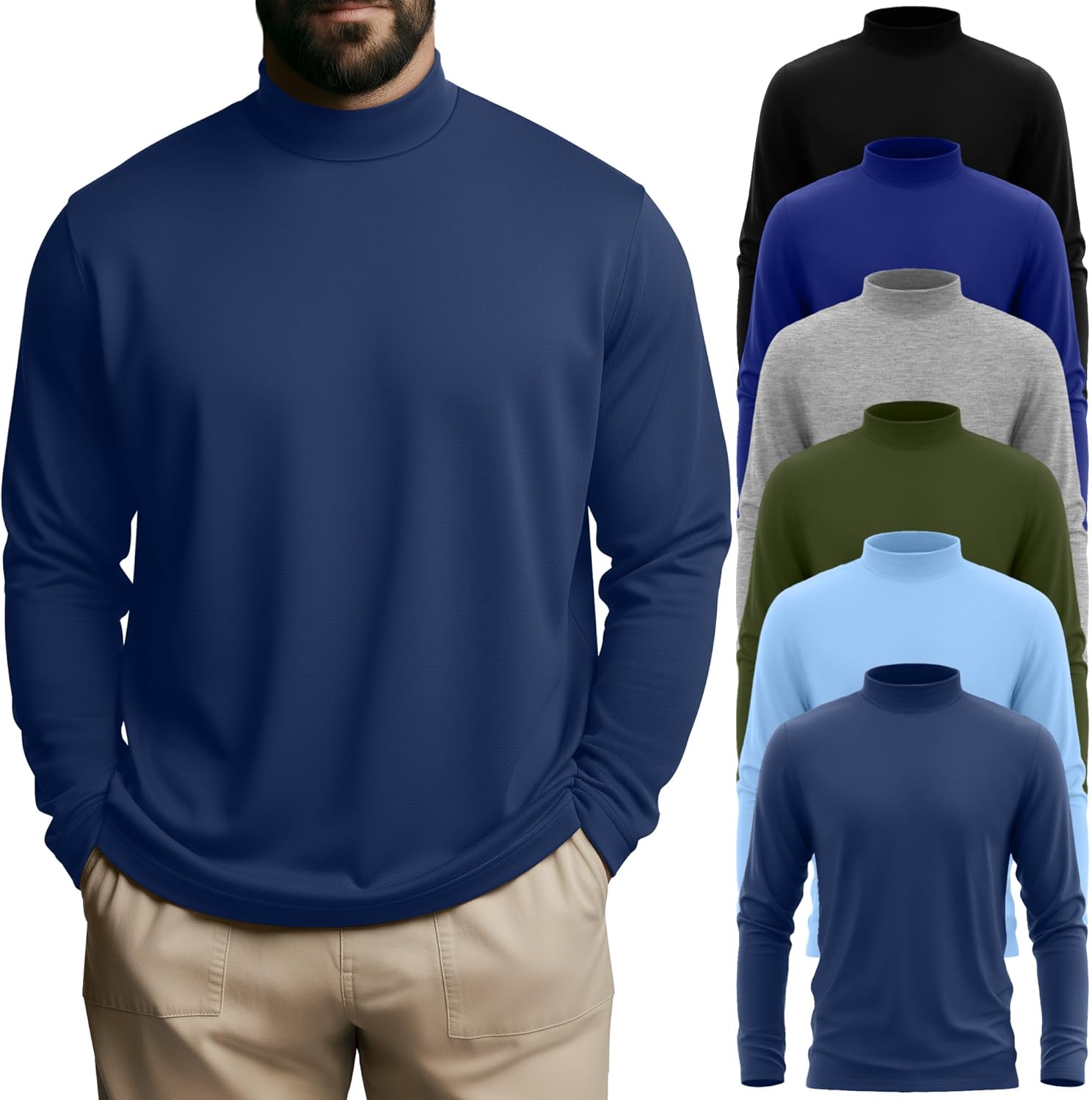 6 Packs Mens Big and Tall Shirts Long Sleeve Mock Turtleneck Tops Pullover Lightweight Basic Tees