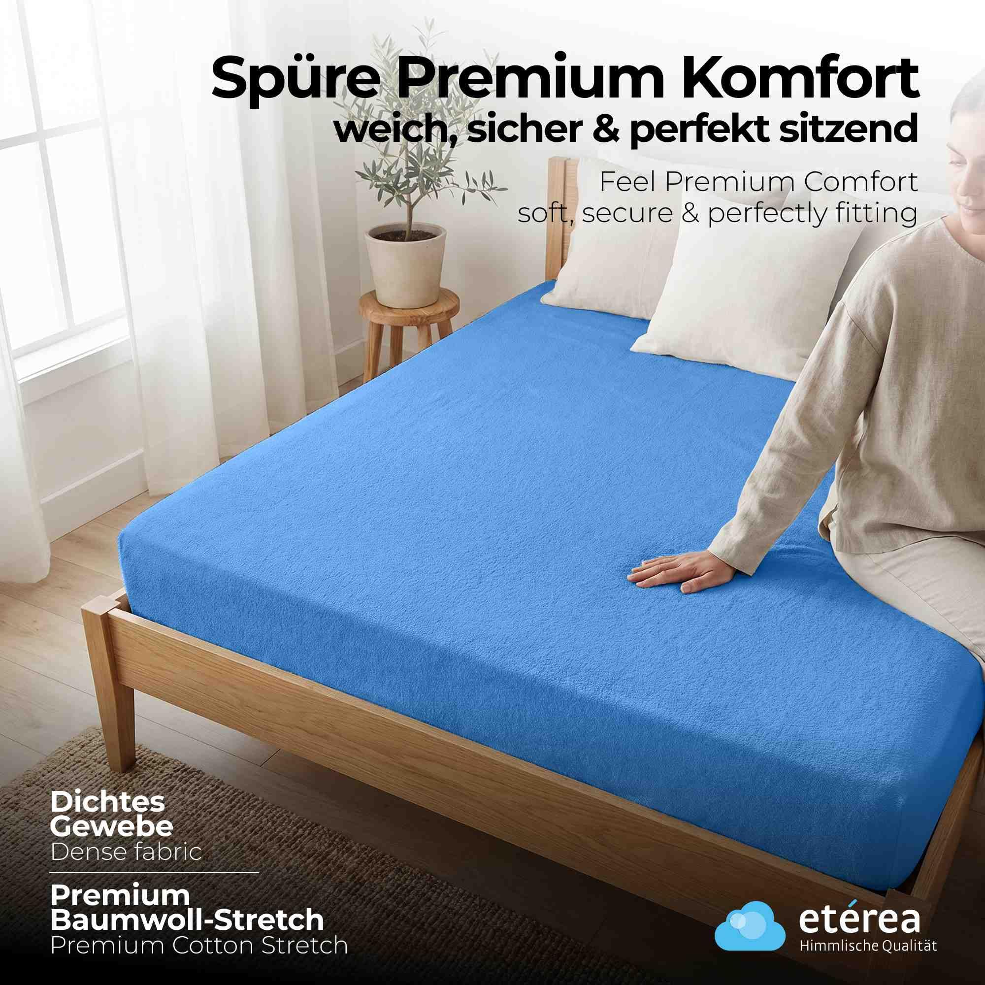 Lenzuolo con angoli spugna 140x200-160x200 cm Azzurro - etérea 80% cotone, elastico tutto intorno, altezza 15-25 cm, MADE IN GREEN by OEKO-TEX, lavabile a 60°C, per materassi e boxspring