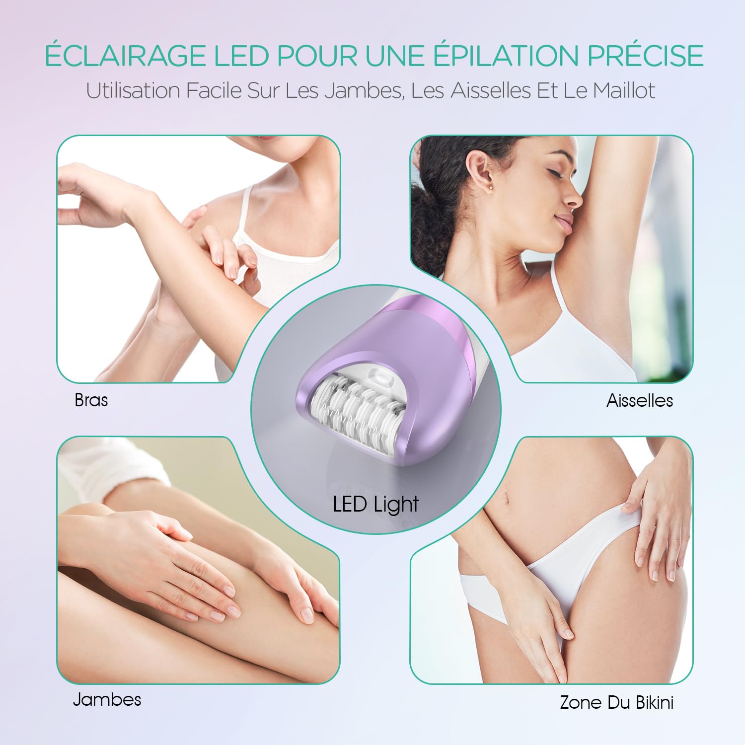 VOYOR Épilateur Électrique Femme, Epilation avec Tête De Rasage Et Tondeuse pour l'épilation du Corps, Rechargeable et Sans Fil, Humide et Sec, Couvert 30 Pinzetten, Lumière LCD BM300 (Violet)