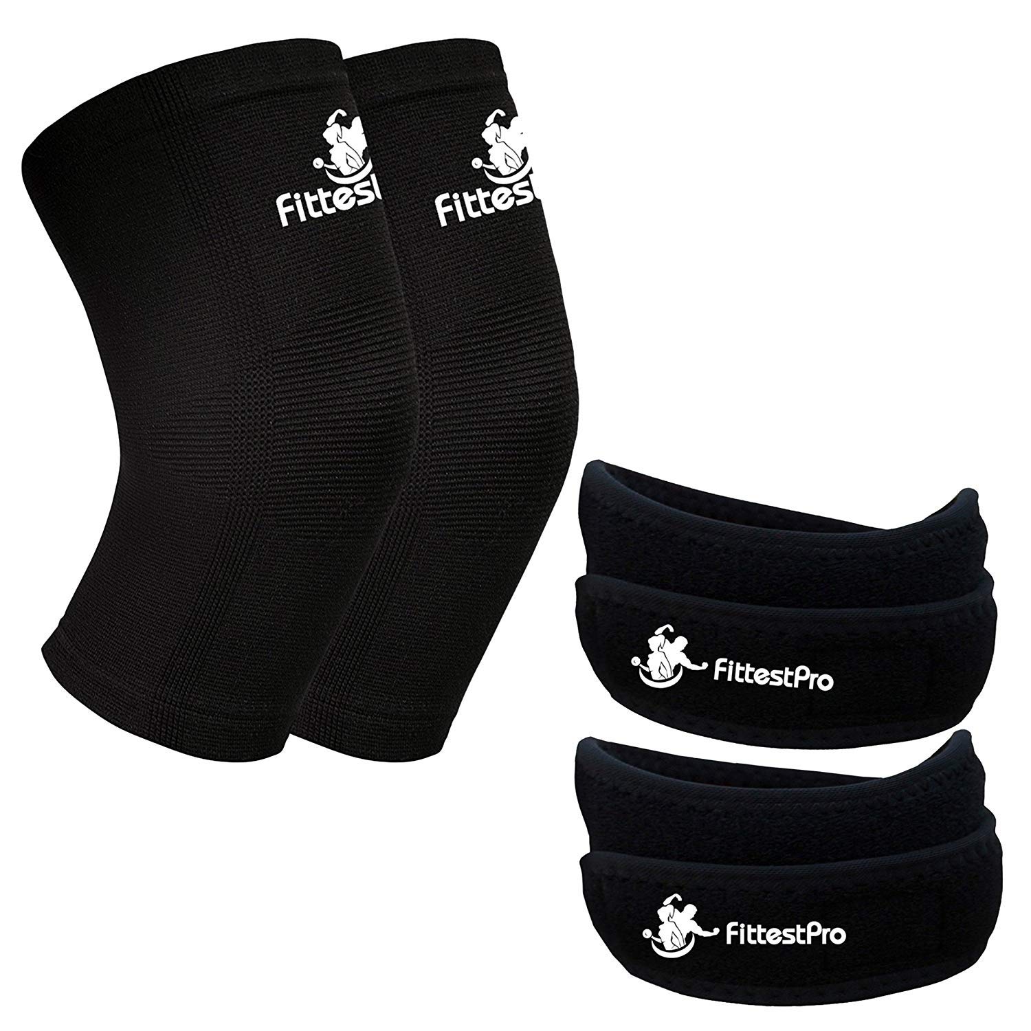 Knee Sleeve Package (Pack of 4) - Knee Compression Sleeve (1 Pair) & FREE Knee Braces (1 Pair) - Patella Knee Support Straps Sleeves - Knee Arthritis Brace & Pain Relief Strap