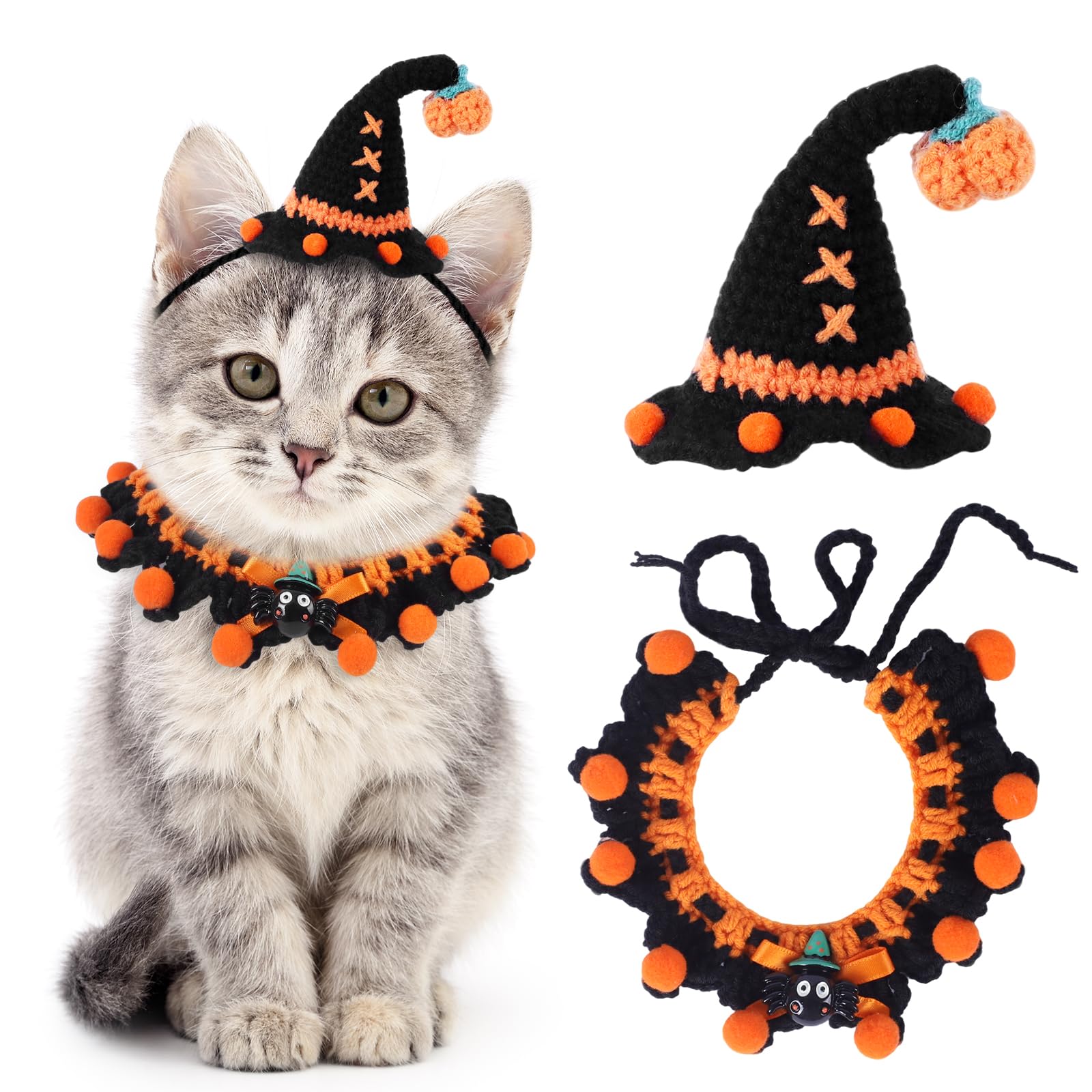 Kunyeah Halloween Pet Costume Set for Cats Small Dog Adjustable Knitted Hat Scarf Pumpkin & Witch Print Puppy Bib Cute Crochet Cat Collar Cap Pet Apparel Outfit (Orange-Ball)