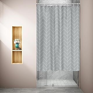 Riyidecor Small Stall RV Shower Curtain Camper Walkin Gray White Boho Chevron Herringbone 47Wx64H Inch Modern Geometric Striped Simple Neutral Fabric Decor Bathroom Polyester Waterproof 8 Pack Hooks