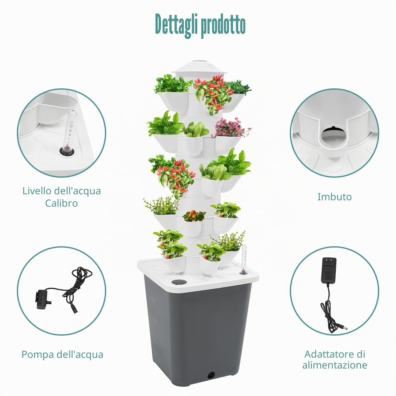 Sistema da giardino verticale a torre da 25 piante, kit di coltivazione idroponica per interni con pompa e indicatore del livello dell'acqua, fioriera verticale per gli appassionati di giardinaggio