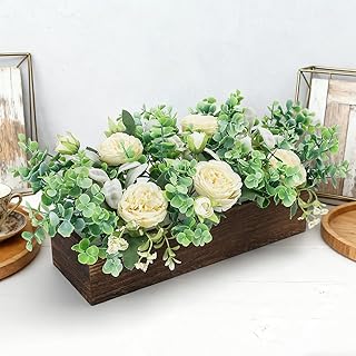 Spring Decor Floral Table Arrangement with Planter Wooden Tray,Spring Decorations Artificial Green Flower Leaves Table Centerpieces for Dining Room Farmhouse Shelf Kitchen Decor (Green)