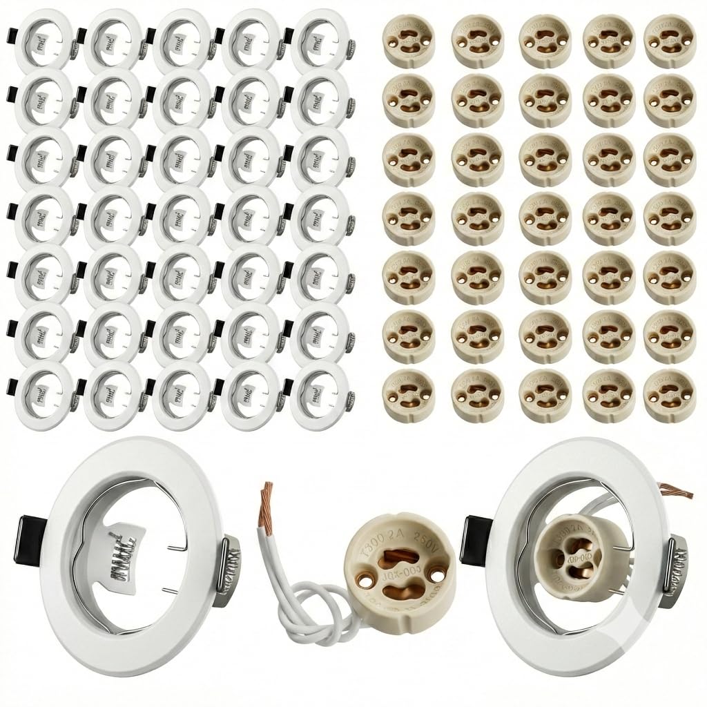 Cornice Faretti LED da Incasso GU10 per cartongesso, Portafaretto da Incasso Rotondo Bianco, Foro 55mm-70mm, Per 50mm LED e Alogeno, Portalampade GU10 Inclusi, Set di 36