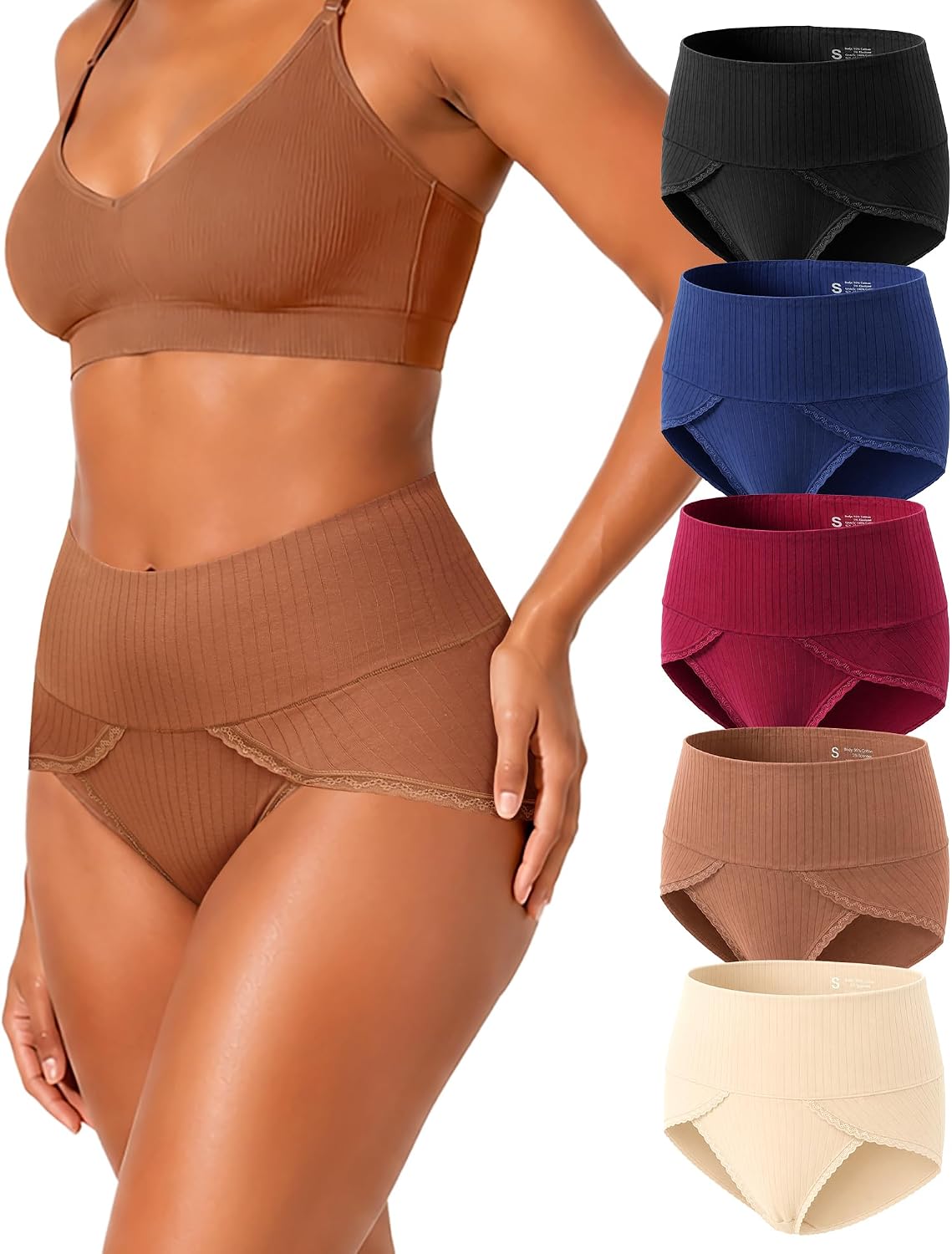 LEVAO Women's Cotton Underwear 5-Pack, High Waisted Full Coverage Panties, Wide Waistband High Cut Briefs S-2XL