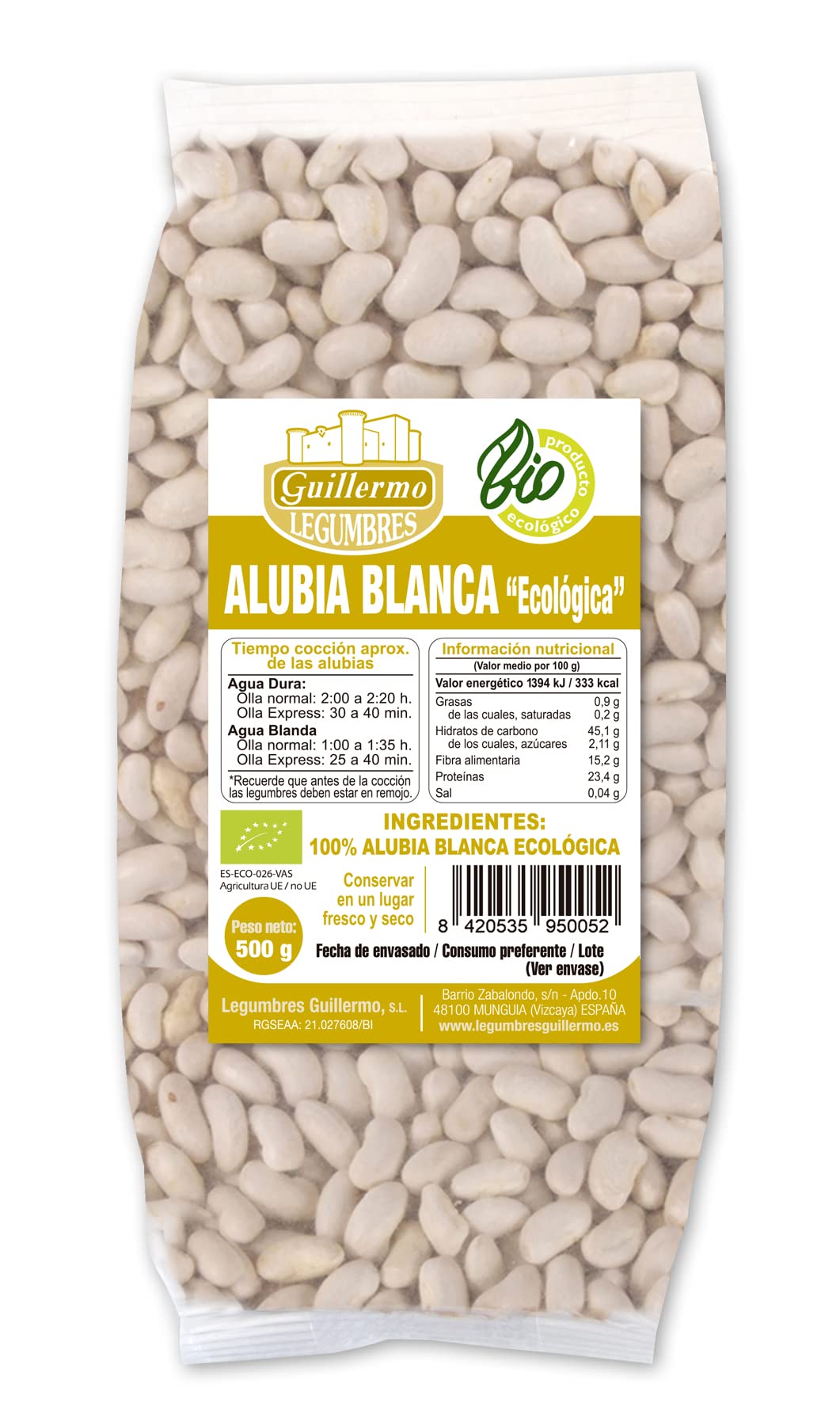 Guillermo | Alubia blanca BIO - Paquete 500g. | 100% ecológico | Gran fuente de proteínas vegetales, hidratos de carbono, minerales y vitaminas