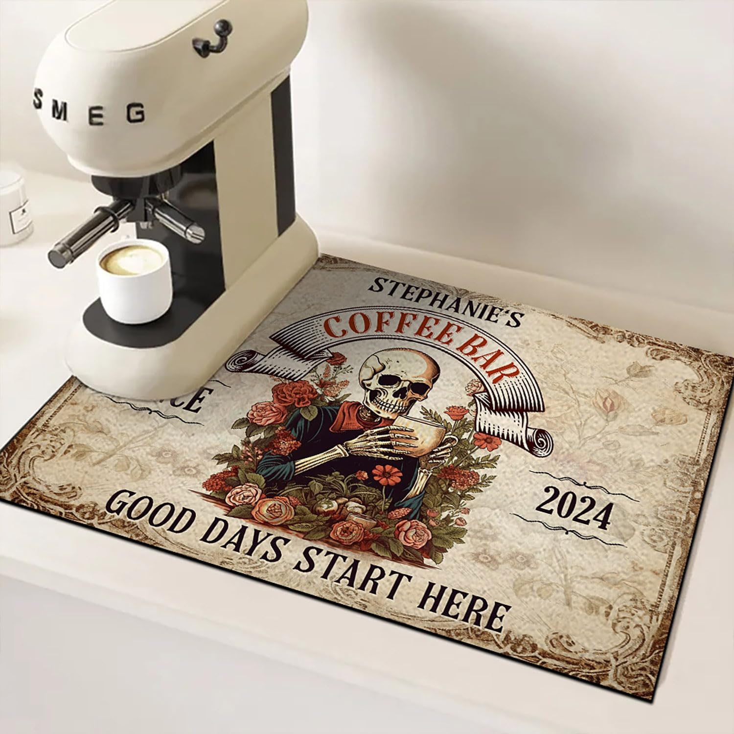 THUYPT Personalized Coffee Mat for Coffee Bar, Coffee Print Coffee Mat, Absorbent Anti-Slip Coffee Bar Mat for Countertops, Coffee Maker Coffee Machine, Dish Drying Mat (05)