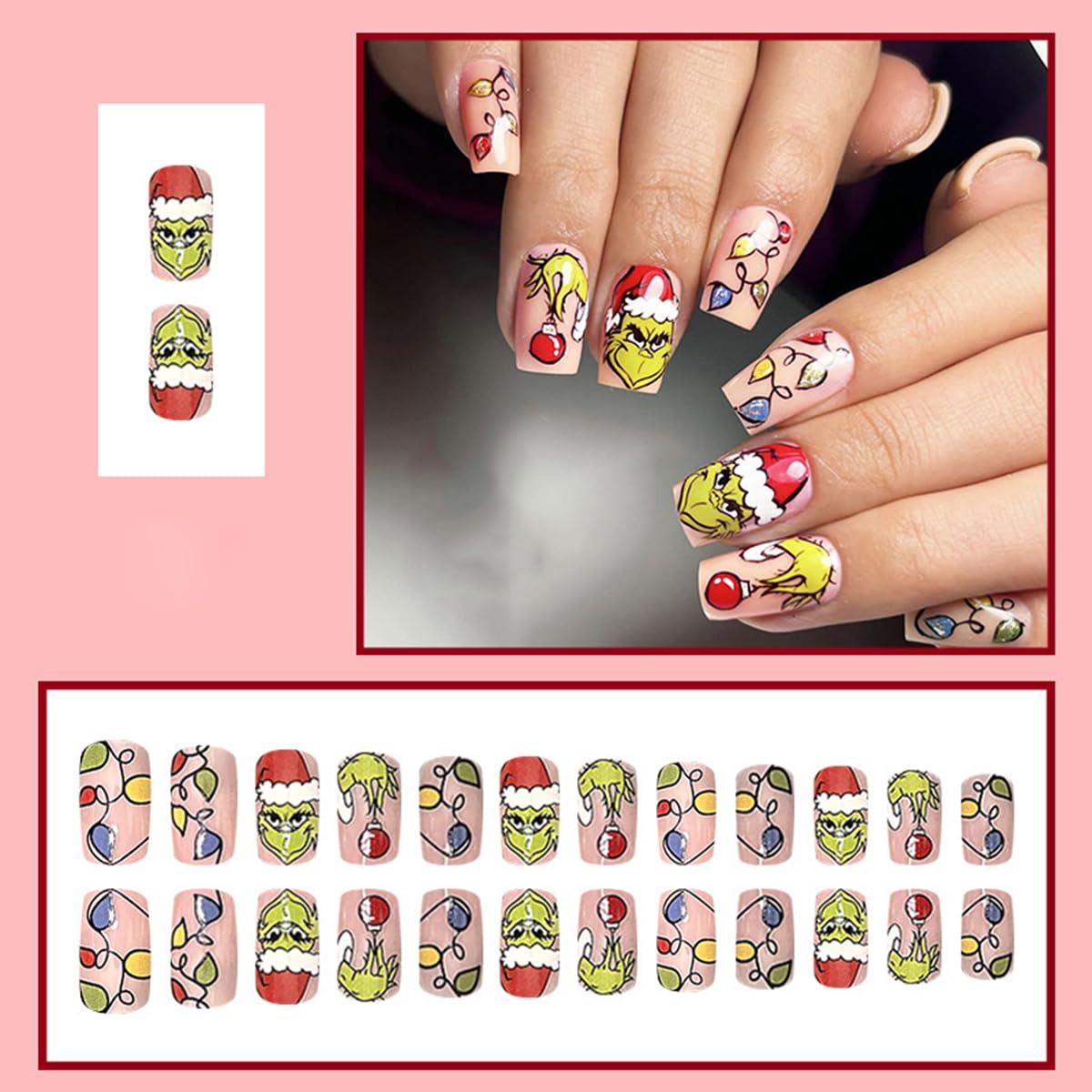 Christmas Press on Nails Medium Square Fake Nails - Cute Green Monster False Nails, Glossy Nude Acrylic Full Cover Tips for Winter Xmas - Stick on Nails Gift for Women and Girls (24Pcs)