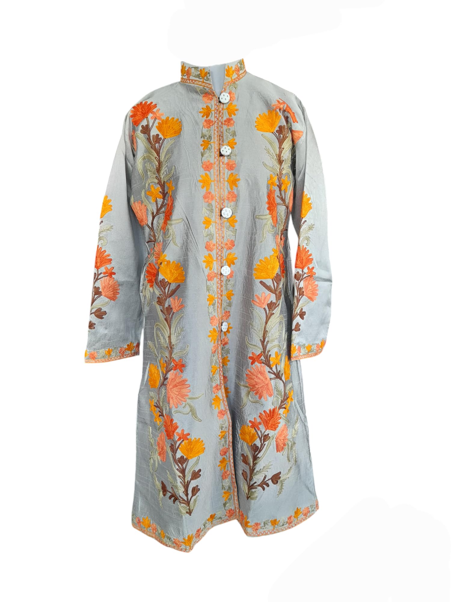 kashur pooshak Kashmiri aari embroidery silk coat for women with attach lining || Silver color || L: 42" B: 22" Sleeves: 22" Pockets:2-picture-13