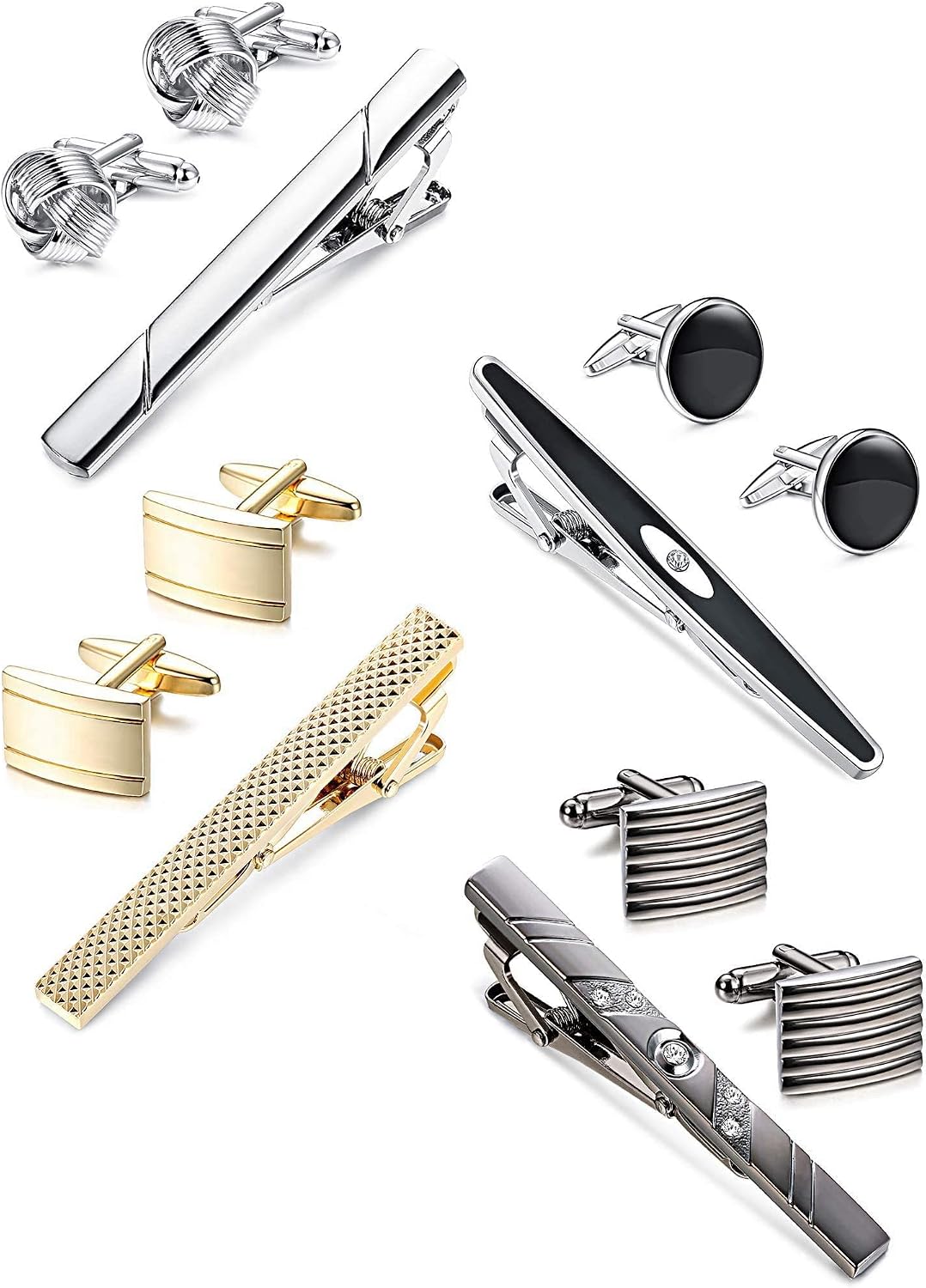 YADOCA Men's Cufflinks and Tie Clips Set Necktie Tie Bar Clips Business Shirts Wedding Tuxedo Cufflinks with Box Silver-Tone Gold-Tone Black