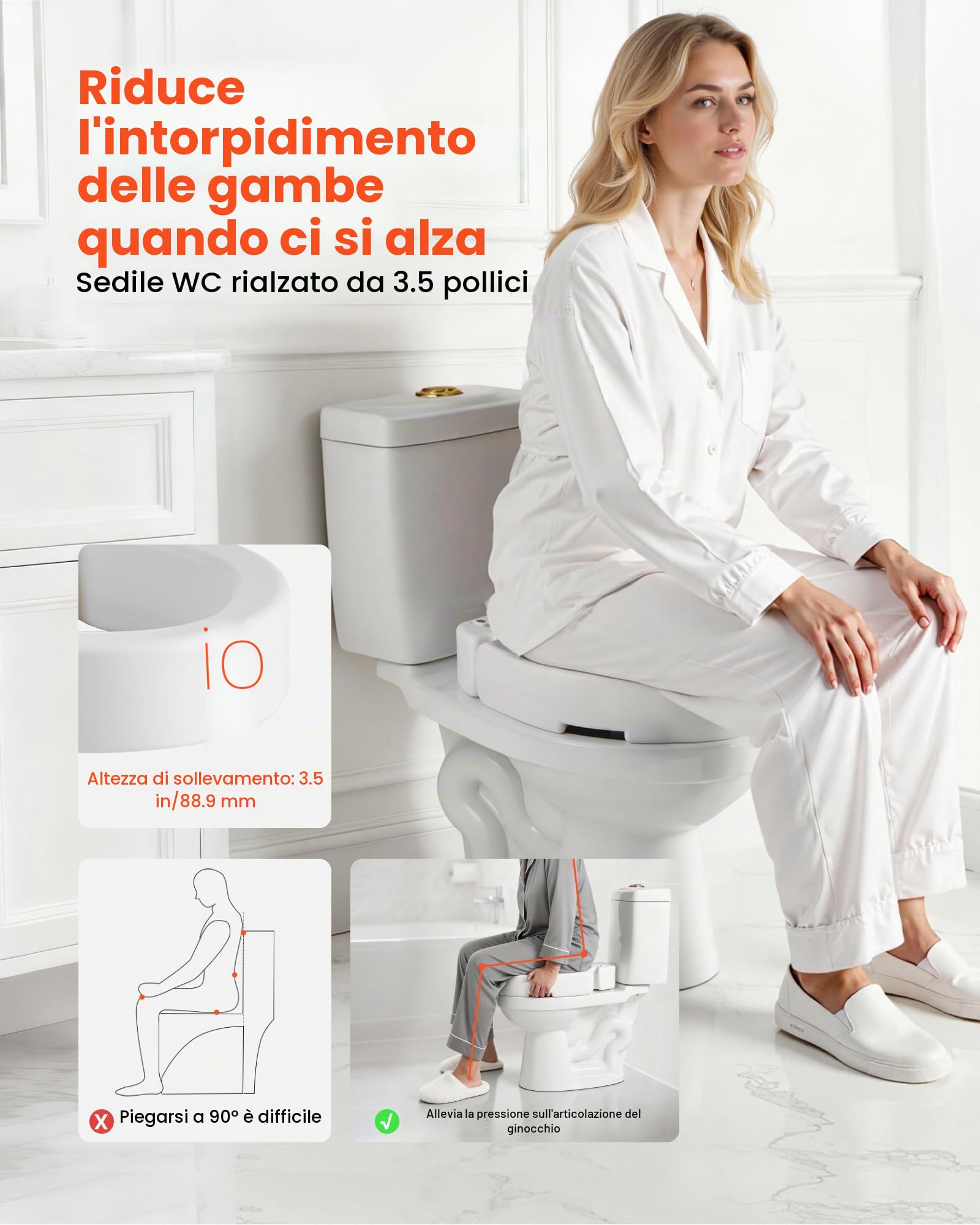 VEVOR Sedile WC Rialzato da Bagno con Capacità di Carico di 136 kg e Altezza di Sollevamento di 88,9 mm, Sedile WC Rialzato Universale in HDPE con Apertura Allargata per Anziani Disabili