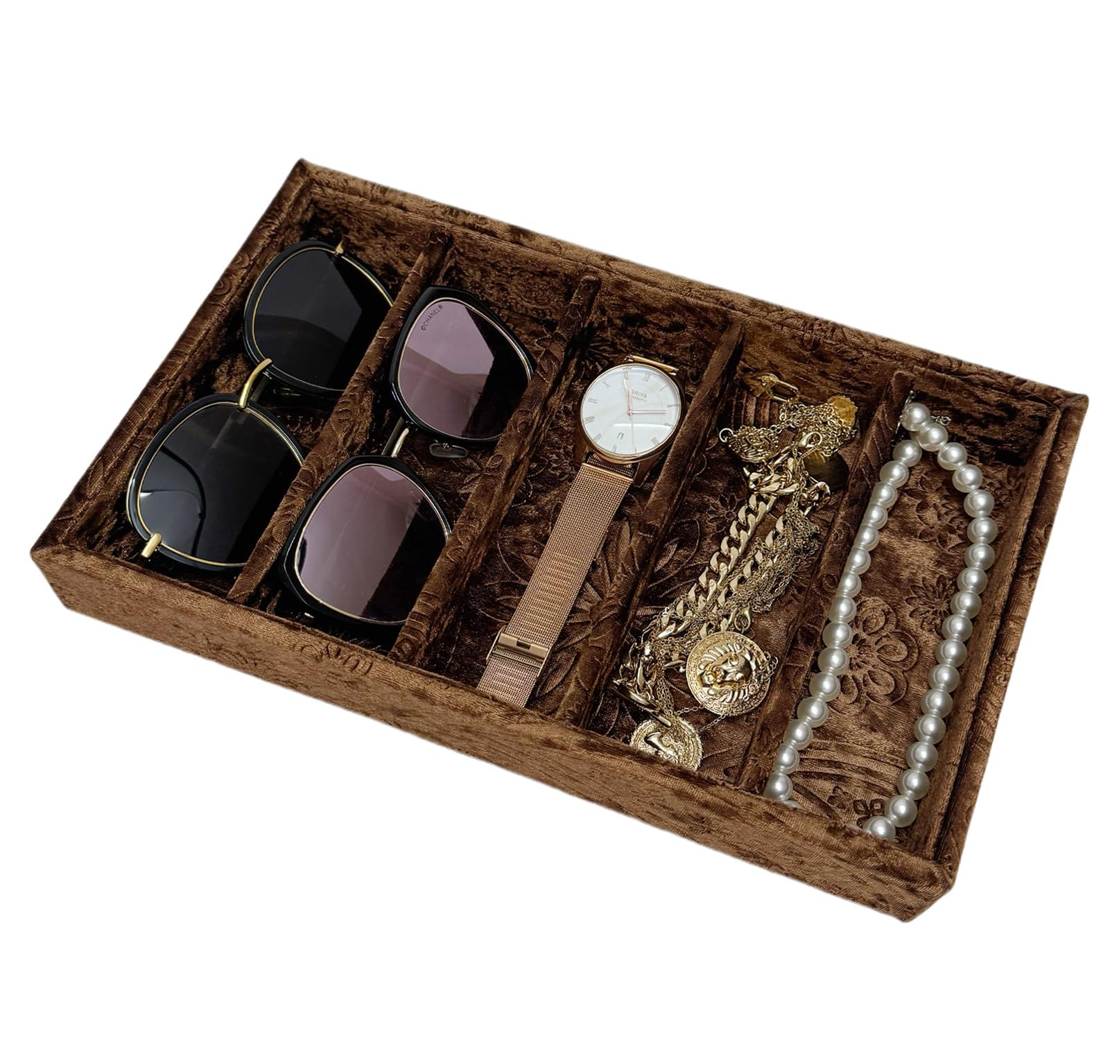AgentMoon Luxury 5 Grids Velour Sunglasses Organizer,Jewelry Tray,Retailer Goods Display Dish.Specially Designed Exquisite Decorative Storage Tray.Embossed or Tabby Lining. (Embossed Coffee)