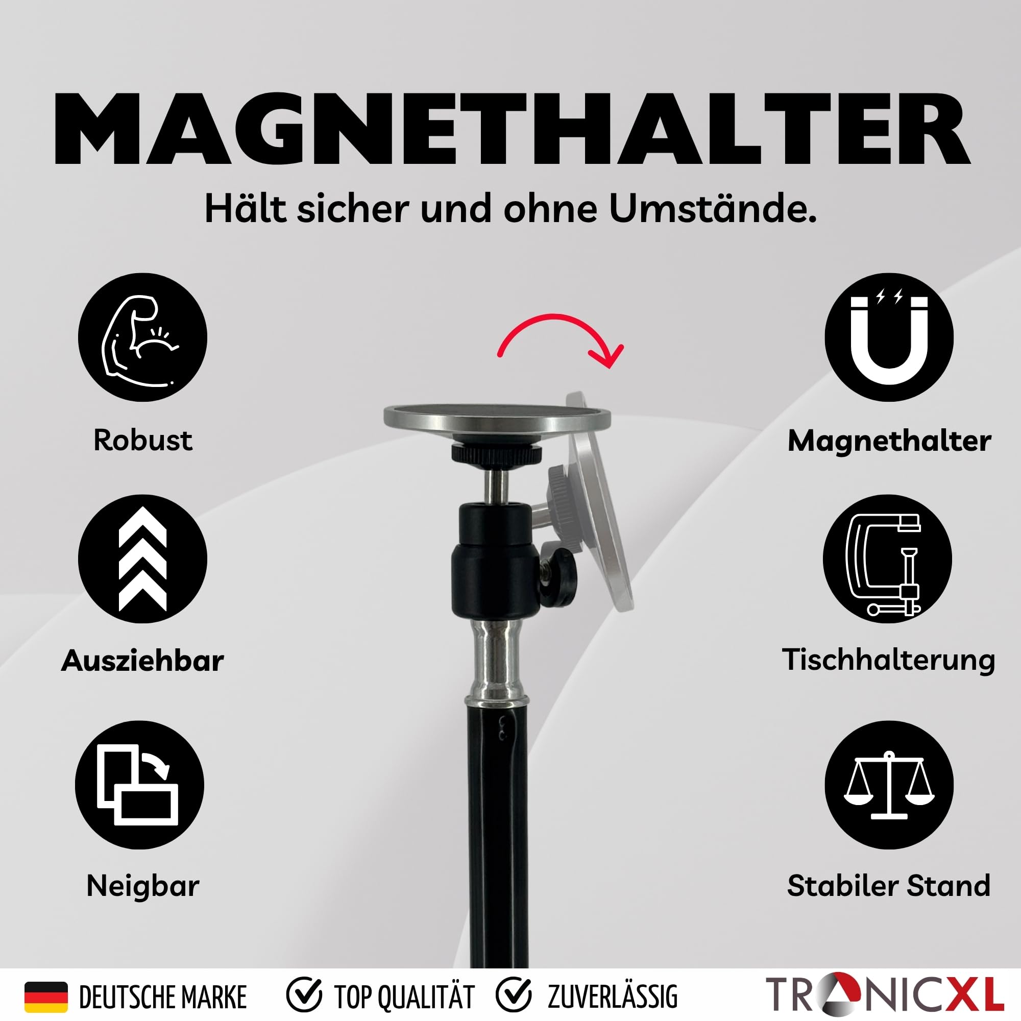 TronicXL Handy Klemmhalterung mit Magnet kompatibel mit Apple Magsafe iPhone Xiaomi Samsung Google Smartphone Klemmstativ höhenverstellbar Tischklemme Klemme Tisch Tischhalterung
