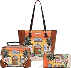 Nicole Lee 3-Piece Set, Handbag with Crossbody and Wallet, Sun And Sand, 15.5L x 11.25H inches, Vegan Leather, Tropical Print, Gold Hardware, Double Handle