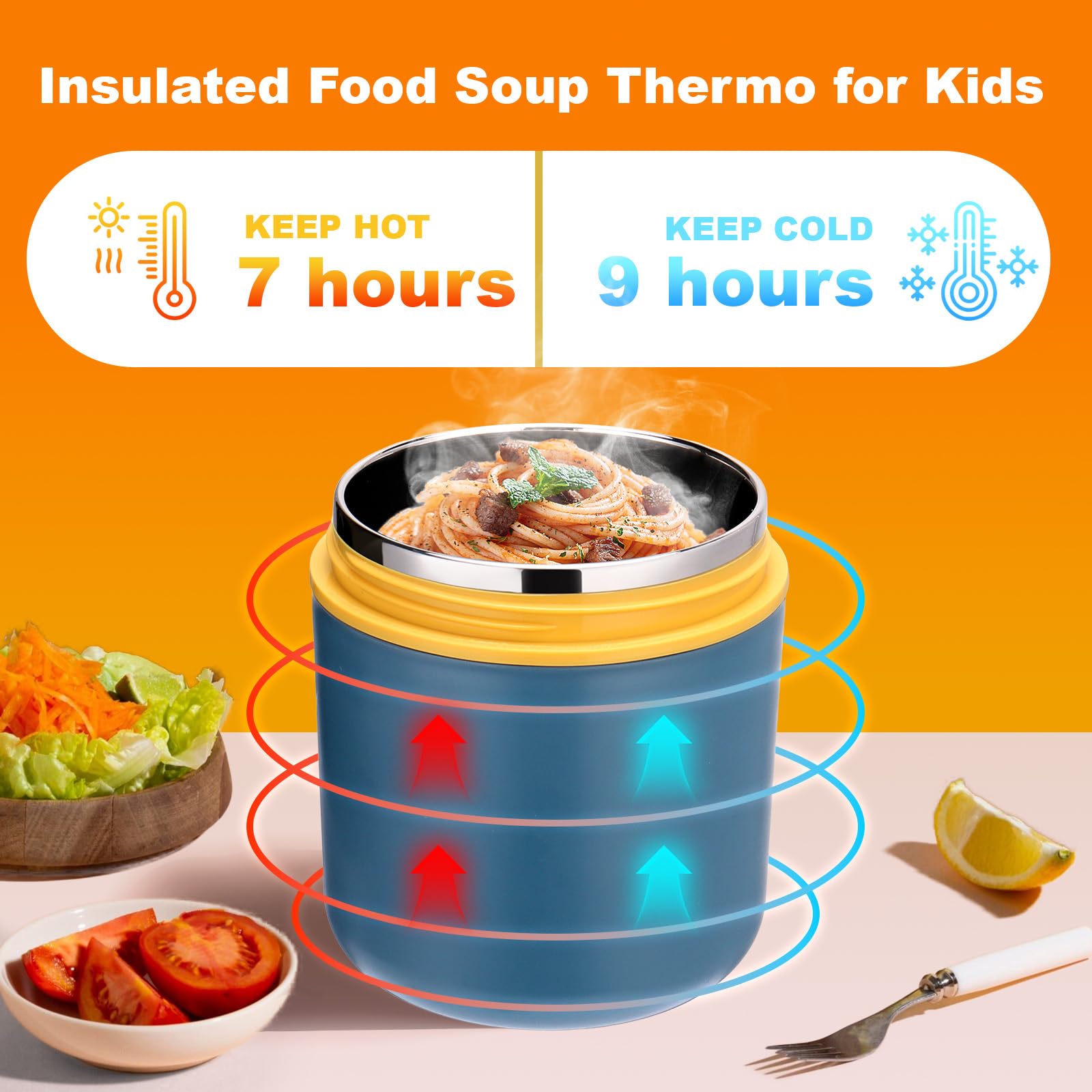 Contenedor térmico aislado de 16 onzas para alimentos calientes, termo de acero inoxidable a prueba de fugas para niños con boca ancha y cuchara plegable, adecuado para alimentos calientes y 3