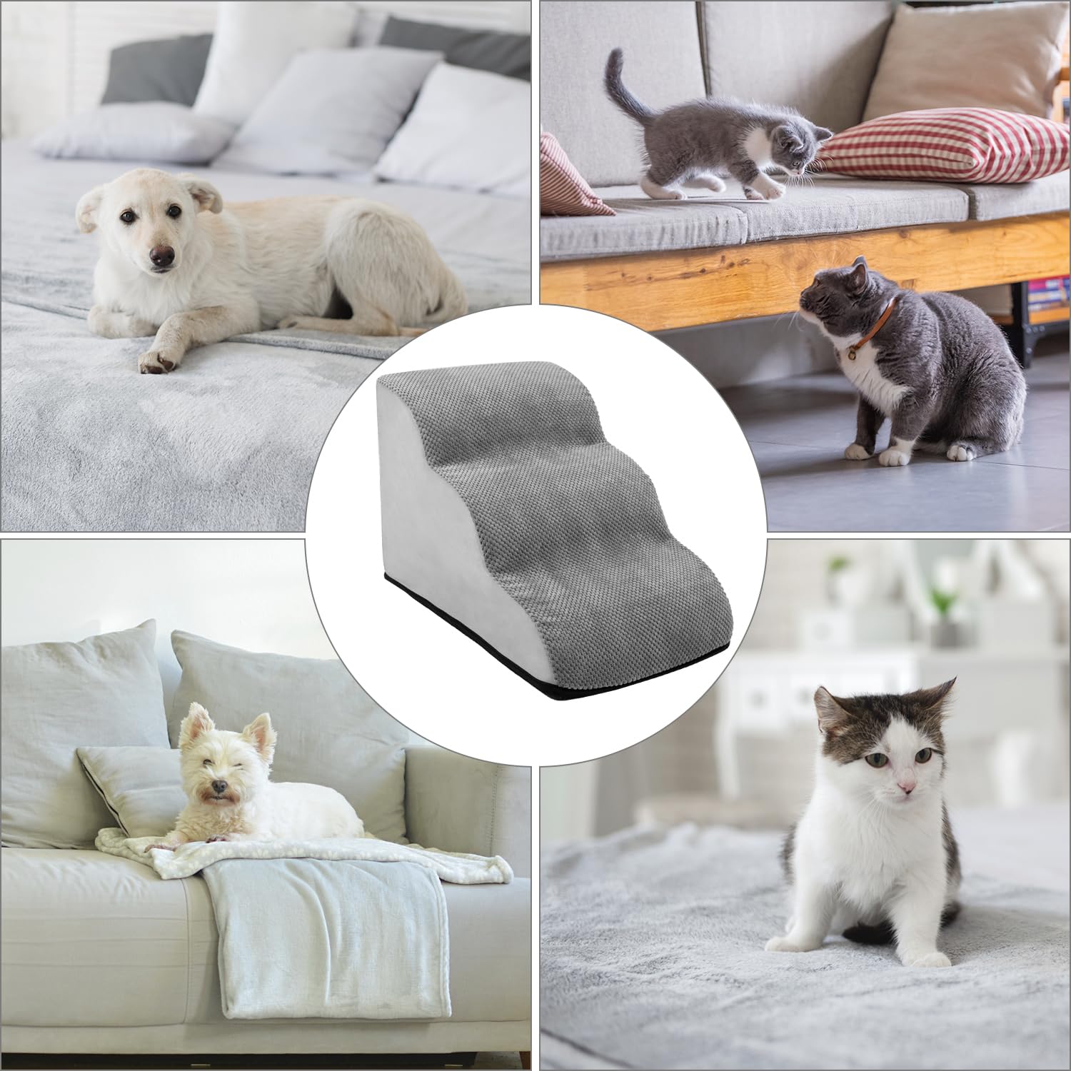 QWORK® Escaleras para Perros y Mascotas 60x40x40cm - 3 Escalones Lavables de Espuma Viscoelástica para Perros Pequeños, Medianos, Mayores y Gatos