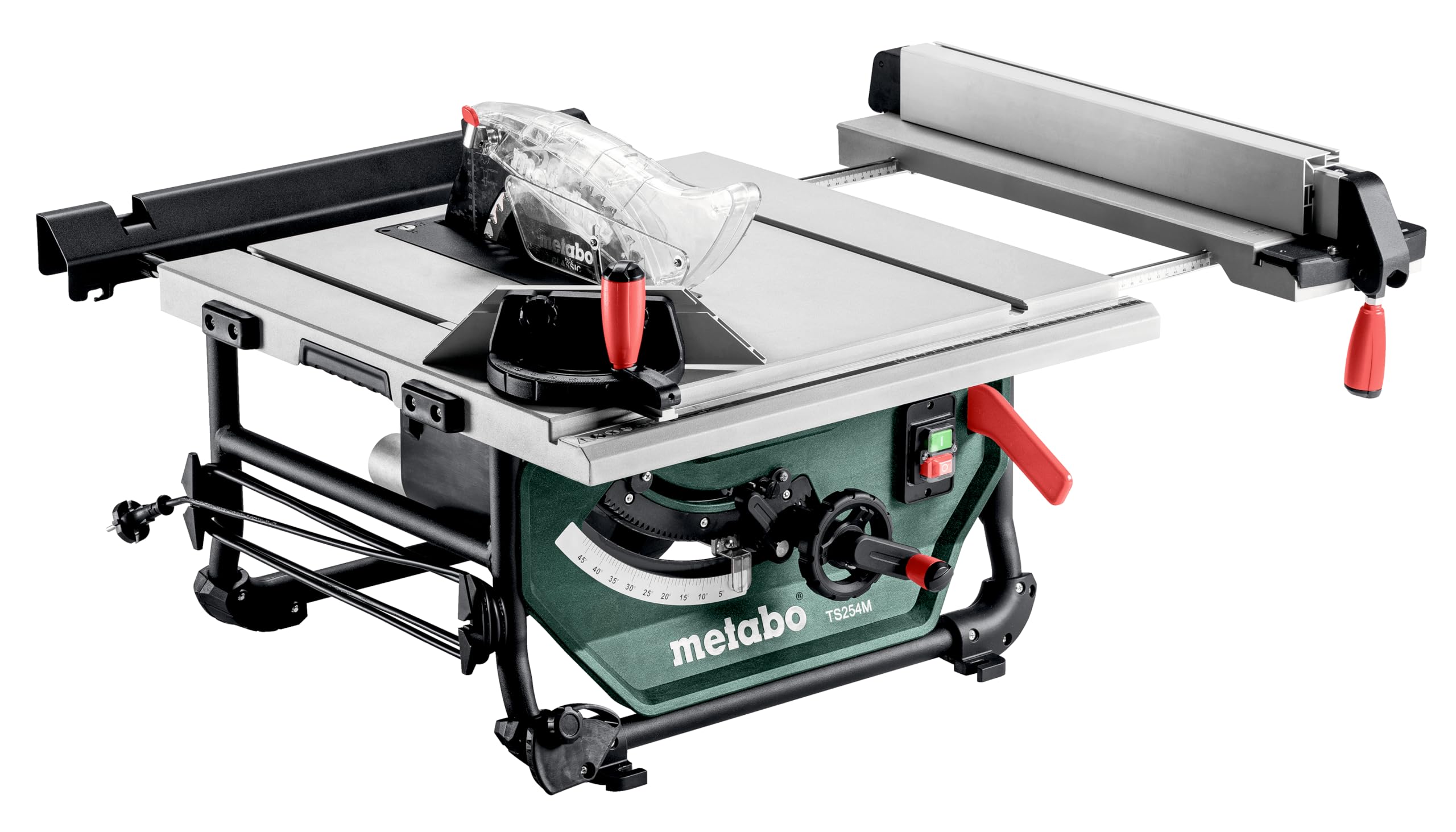 metabo Tischkreissäge TS 254 M, Mobile Kreissäge mit Ø 254 mm Sägeblatt | Kompakte Montagesäge mit 1500 W, Parallelanschlag, Winkelanschlag, Schiebestock, Tischverbreiterung und Sanftanlauf