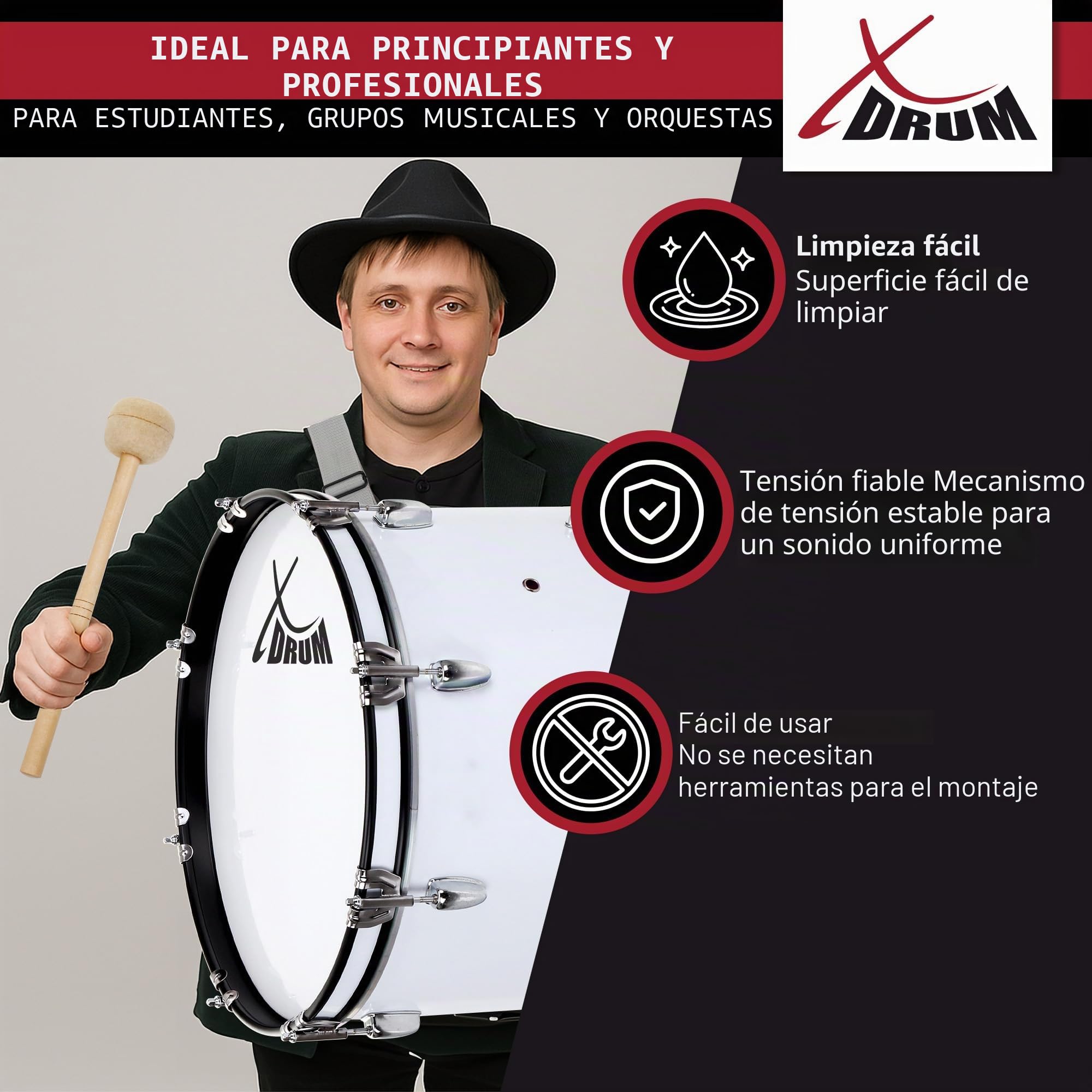 XDrum MBD-224 Bombo De Marcha 24" x 12", Diámetro: 24", Color: blanco | Profundidad: 12\", Herrajes cromados, Aros tensores metálicos en negro/blanco, Logo XDrum negro en los parches blancos, 5 kg