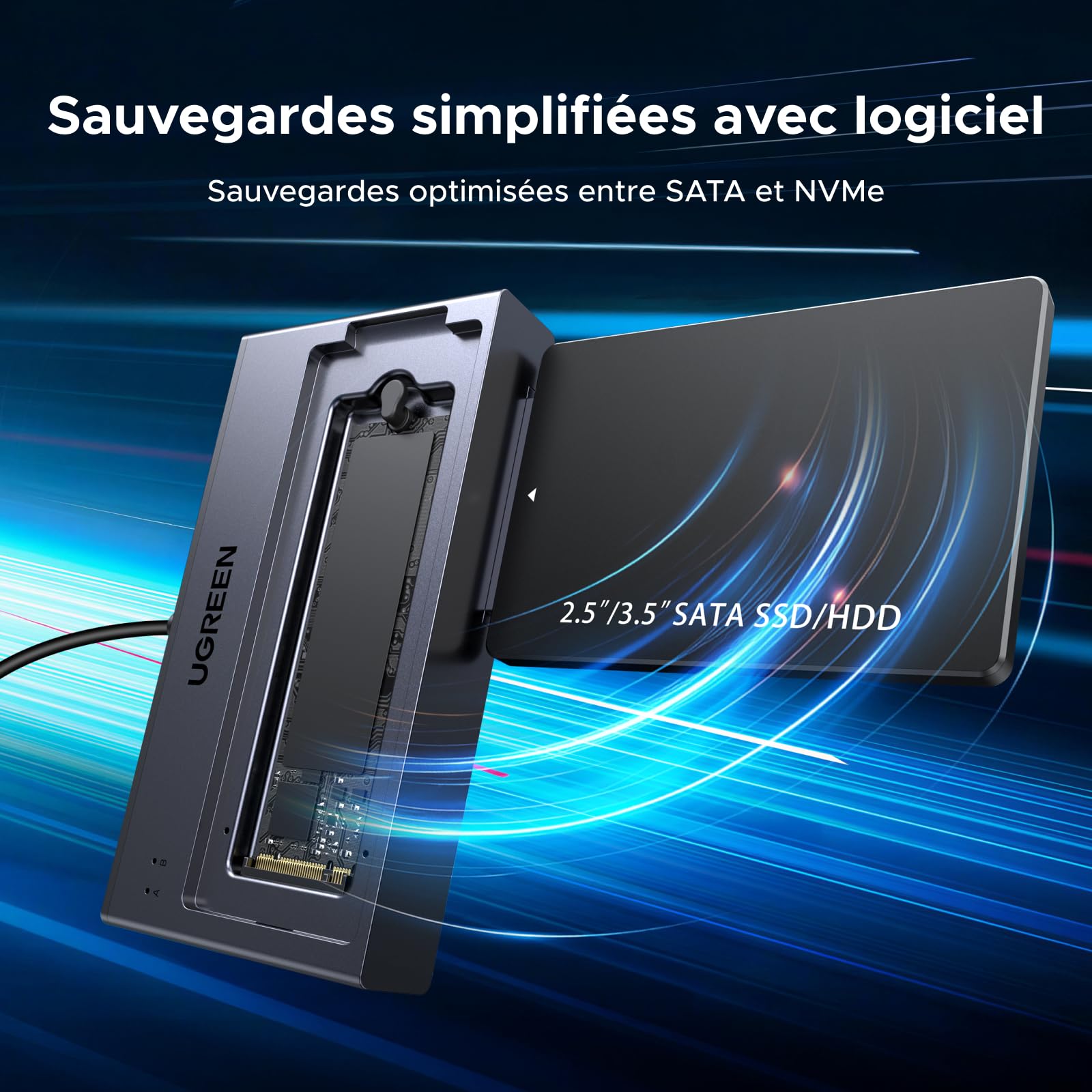 UGREEN Adaptateur USB 3.2 10 Gbit/s M.2 NVMe et SATA, Compatible SSD NVMe M.2 et HDD/SSD SATA 2,5"/3,5", Station d'accueil pour Disque Dur (sans Outil) Windows, MacOS, Linux
