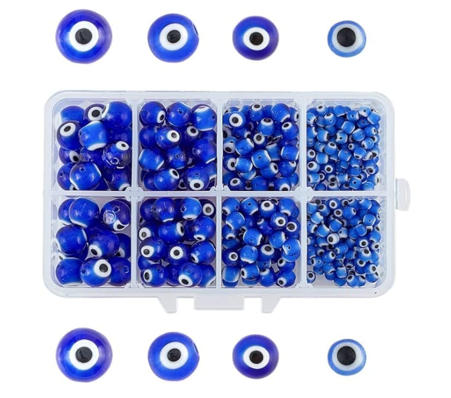 Grab Mantra 390 Pieces Blue Evil Eye Glass Beads 4 Size Evil Eye Round Beads Handmade Lampwork Evil Eye Charms for Bracelets Necklace Earrings Jewelry Making - 4mm/6mm/8mm/10mm (EvilEye 2x4)