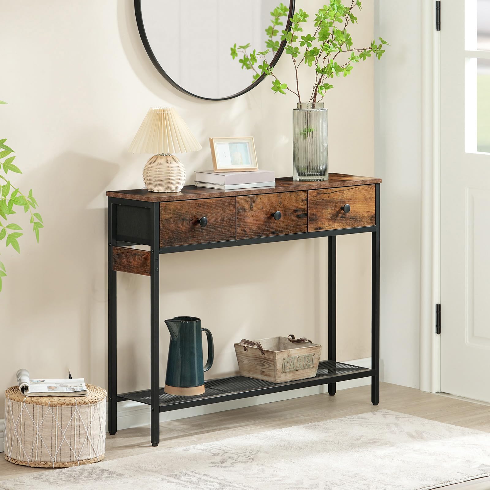 HOOBRO Mesa de Consola Estrecha con 3 Cajones, Mesa Auxiliar, Mueble Industrial para Sofá, con Estante de Almacenamiento, para Pasillo, Dormitorio y Recibidor, Marrón Rústico y Negro EBF83XG01