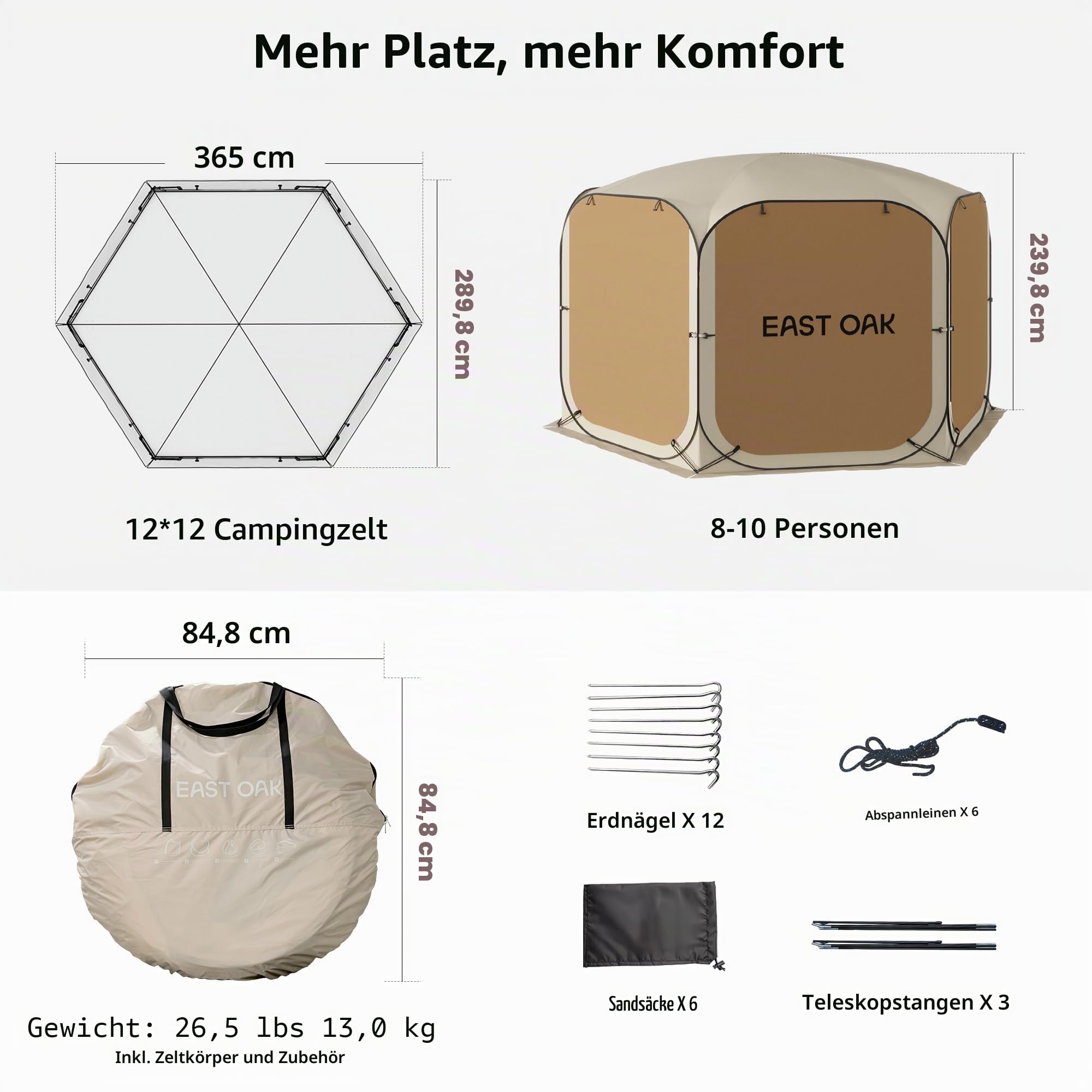 East Oak Pop-Up-Zelt mit Netz, 3,6 x 3,6 m, Outdoor-Sichtschutzhaus mit 4 Sonnenschirmen, sofortiger Überdachung mit tragbarer Tragetasche, Pavillon-Zelt für Camping, Terrasse und Strand, Beige