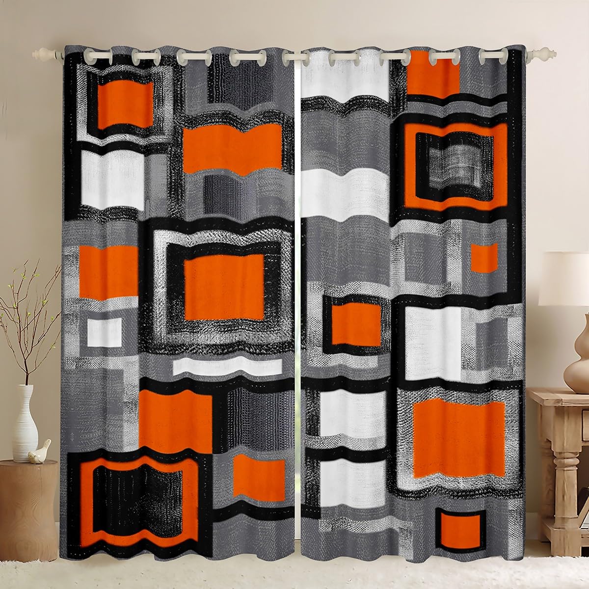Geometric Curtains for Bedroom Living Room Kids Orange Grey Black Blackout Curtains(30%-50%) Buffalo Check Window Dreapes Modern Abstract Art Window Treatments W66*L72
