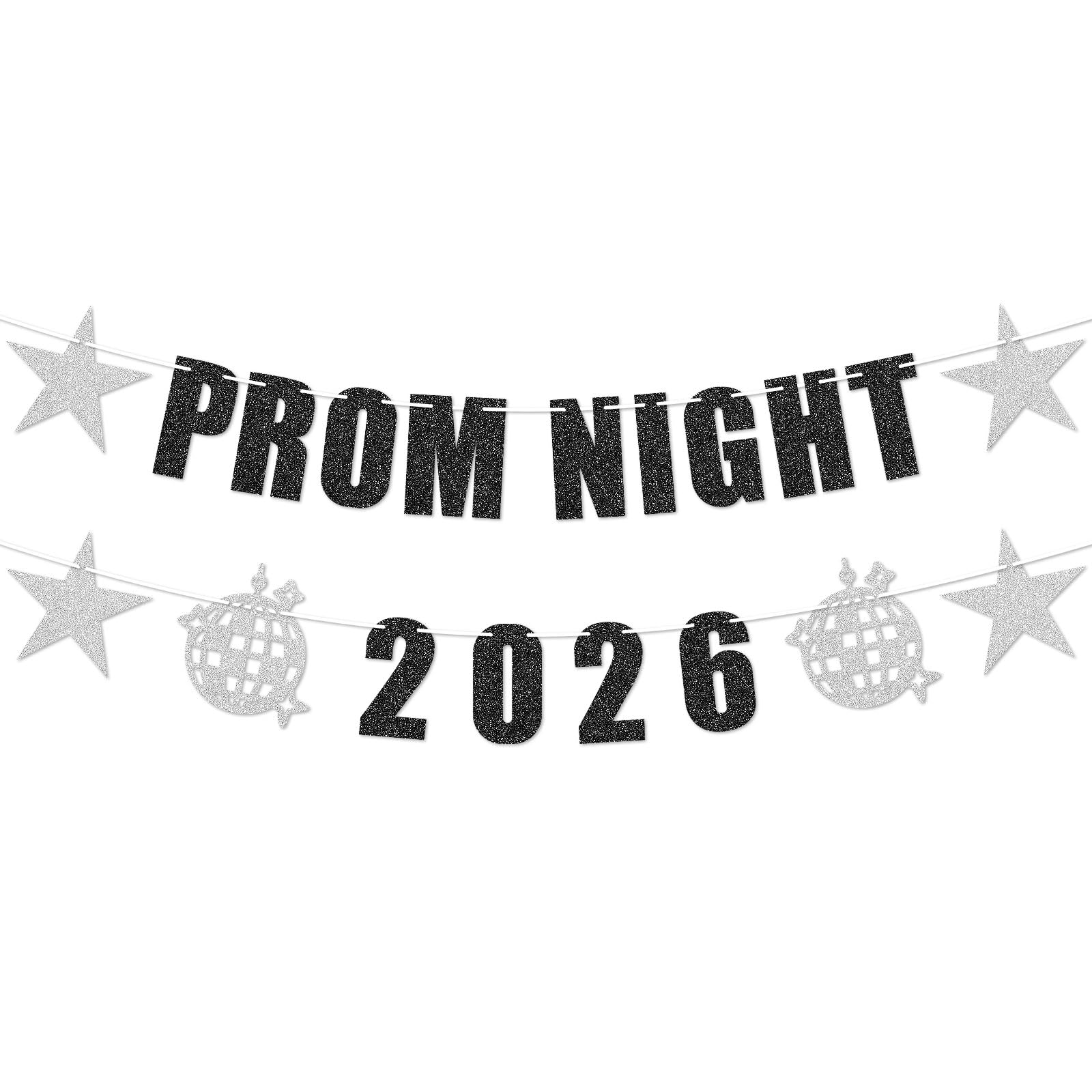 Prom Decorations 2026 - Prom Night 2026 Bunting Banner, Black Silver Glitter Letter and Star Bunting for High School College Congrats Graduation Prom Leave Party Backdrop Decorations