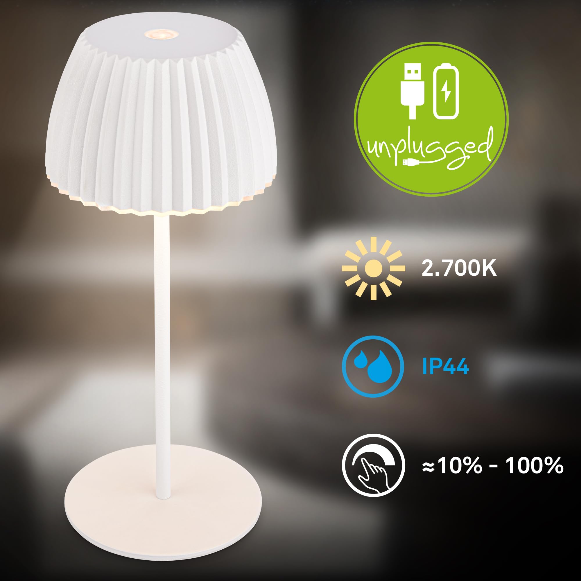 BRILONER - Riffle Mini lampara de mesa sin cable LED inalámbrica IP44 con borde luminoso, regulador táctil, lampara mesita noche sin cable, ganadora del German Design Award 2025, 8,5x20 cm, blanco