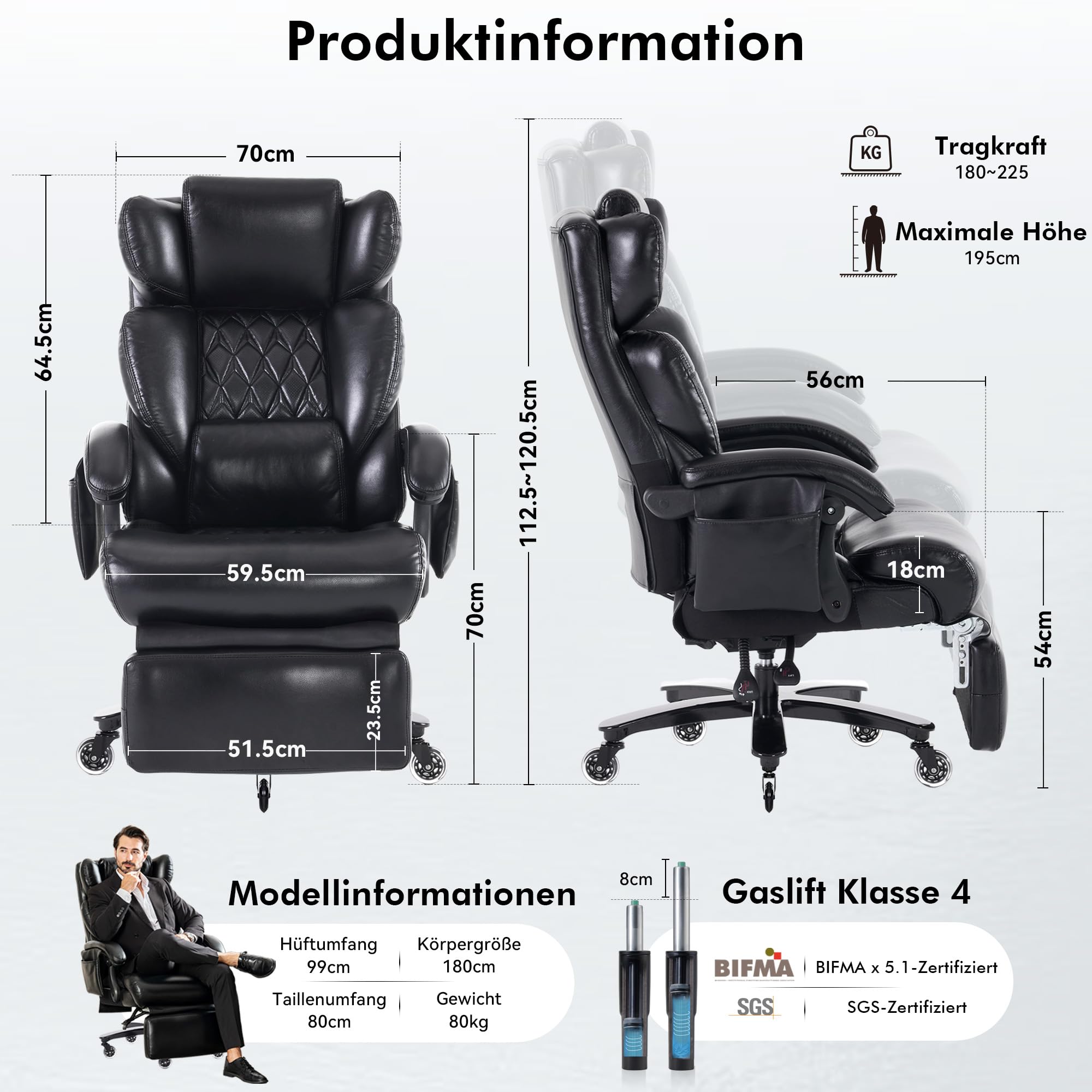 DEKKETO Bürostuhl Ergonomisch mit Fußstütze, PU Leder Chefsessel mit Massagefunktion, Verstellbare Kopfstütze und Lendenstütze, Rückenlehne, Drehstuhl mit Staufächern, Schwarz