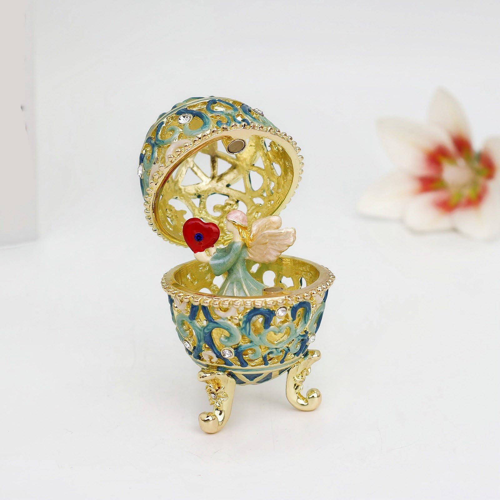 Scatola portaoggetti smaltata a forma di angelo con intaglio 3D, blu