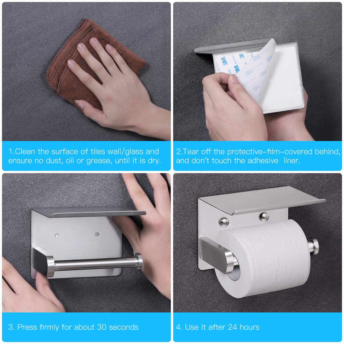 Black SUS 304 Stainless Steel Toilet Paper Holder With Shelf - Wall Mounted, Adhesive Or Screw Installation - View #9