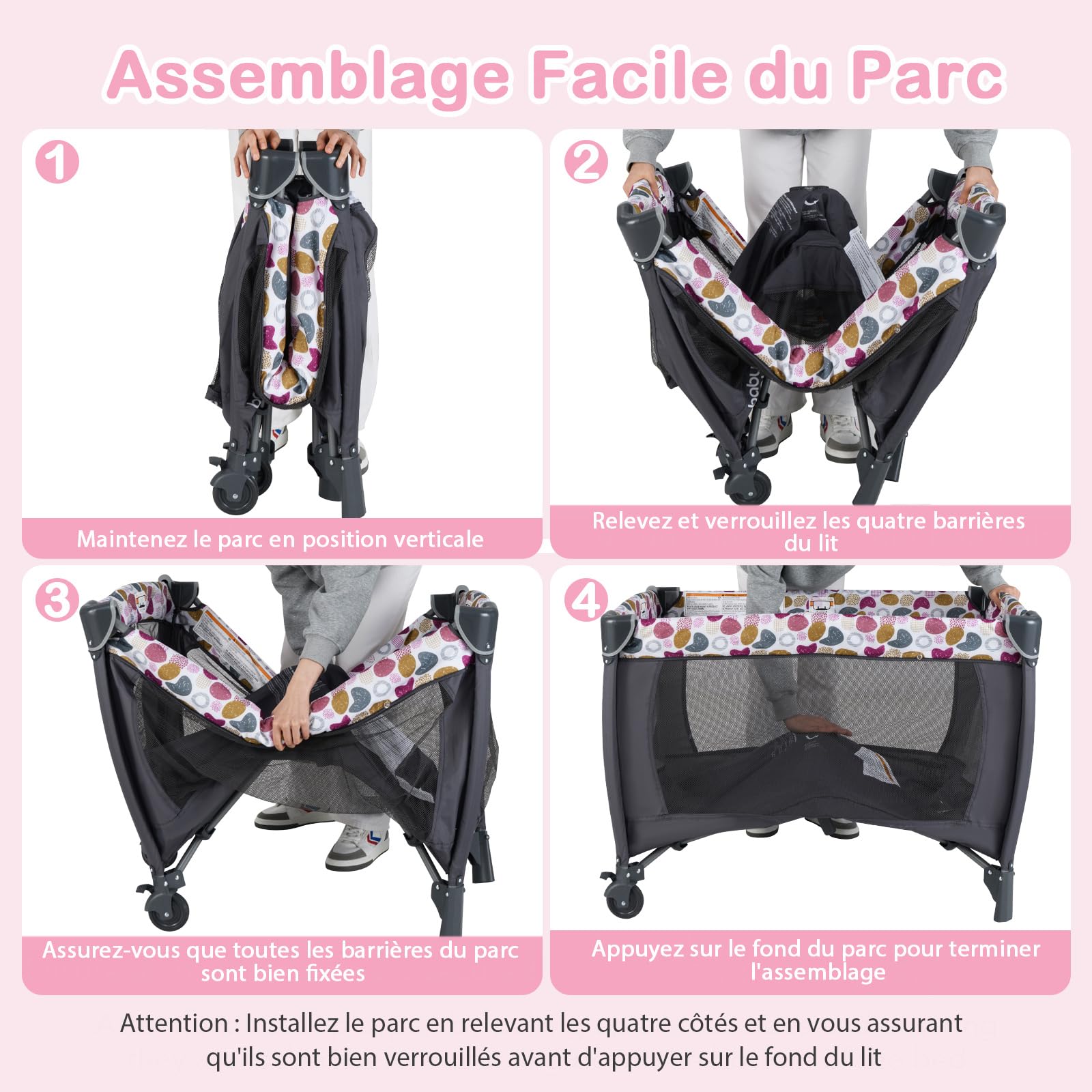 GOPLUS Lit Parapluie Bebe 5 en 1, Lit Bebe Evolutif de Voyage avec Parc, Table à Langer, roulettes Verrouillables et Sac de Transport, Boîte à Musique, 2 Jouets Mobiles, Charge 15KG (Fuchsia)