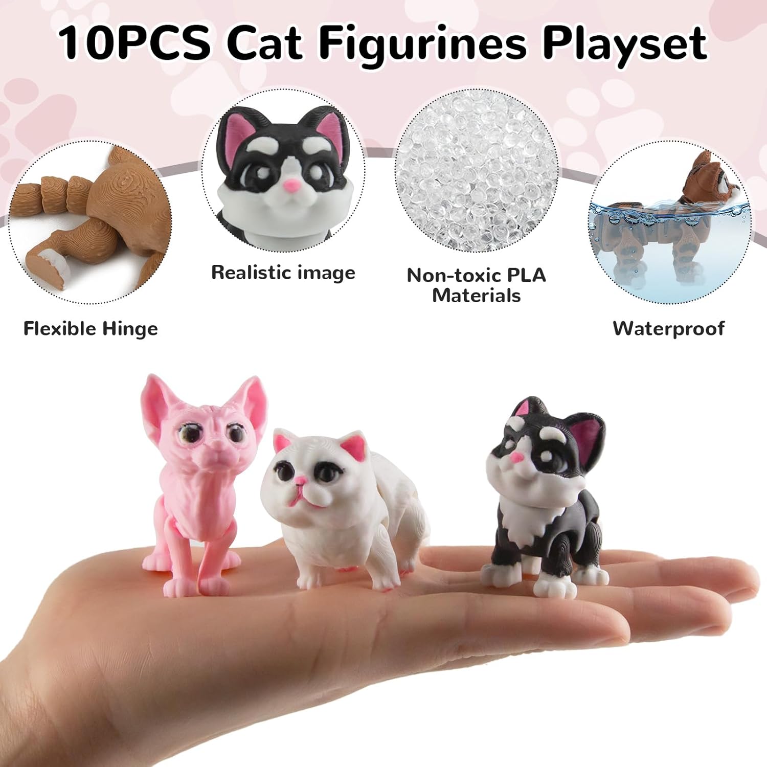 10PCS 3D Printed Cat Figurines, 3D Printed Animal Detailed Realistic Articulated Kitten Cat Animals Toy for Kids Toddlers Fidget Toy Cats Cake Topper Party Favors Christmas Birthday Gift
