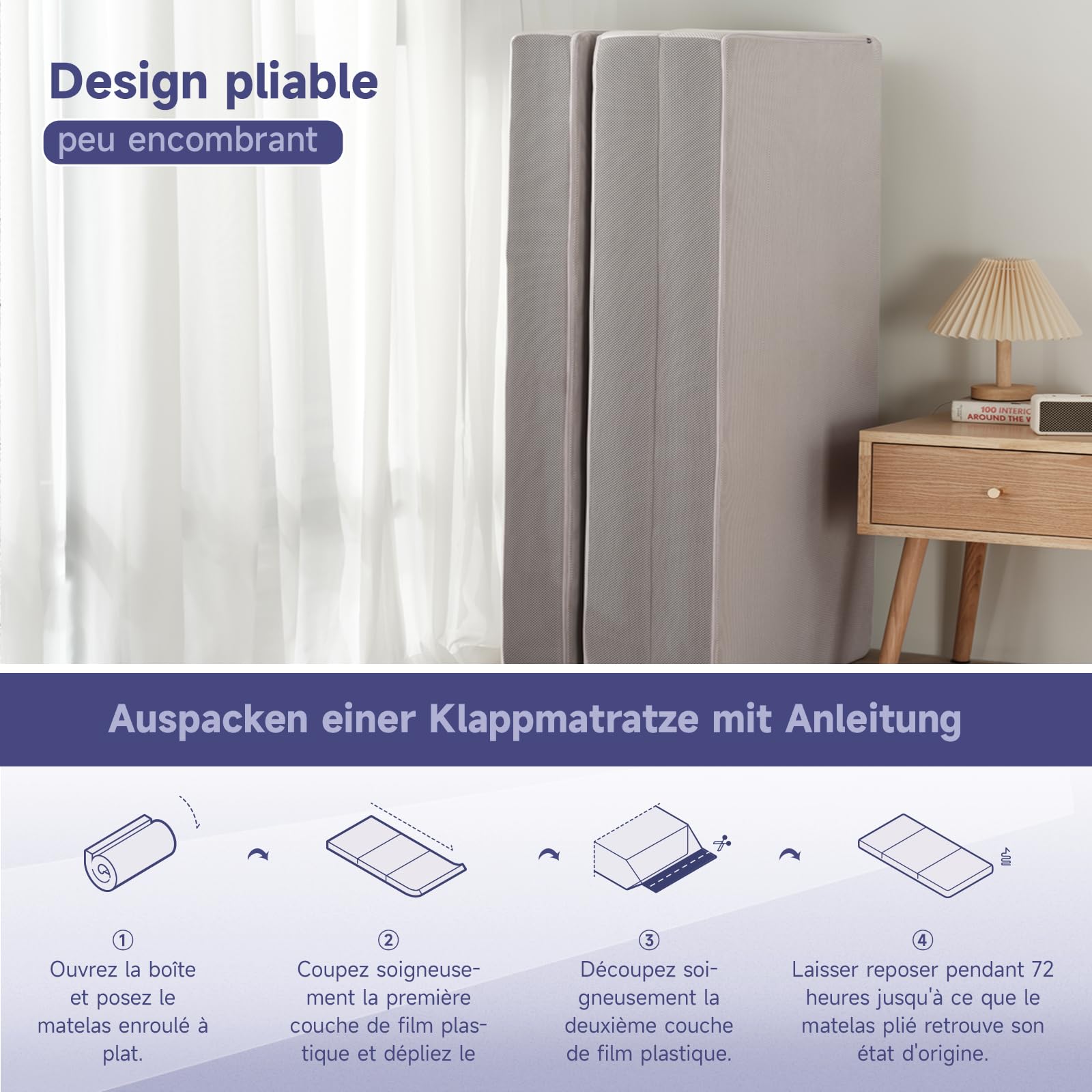 Z-hom Matelas Pliable 75 x 195 x 10 cm, Housse Souple Oeko-TEX, lit d'appoint Matelas, Matelas de Sol, Éponge Haute densité, dureté H3, Blanc+Gris
