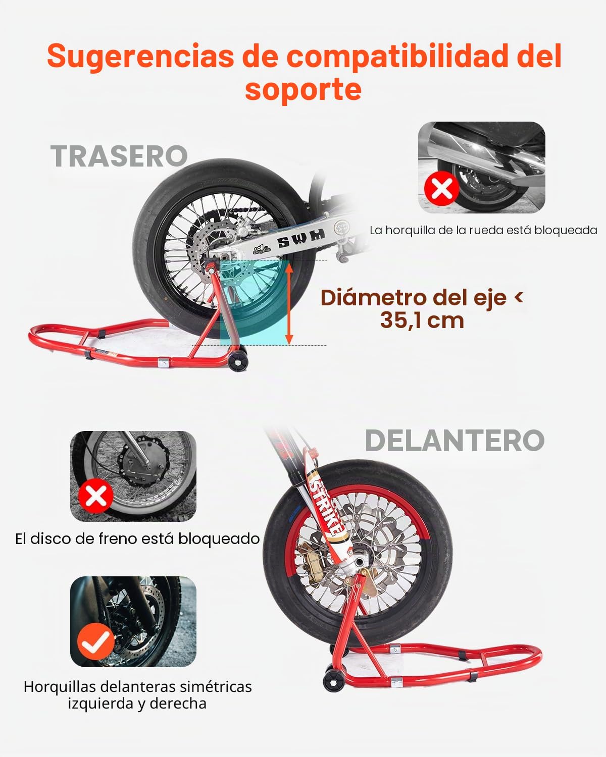 VEVOR Elevador de Caballete para Motocicleta, Capacidad de 390 kg, Combinado Delantero y Trasero, para Rueda Delantera, Compatible con Yamaha, Honda y Suzuki, Rojo, 680 x 450 x 350 mm