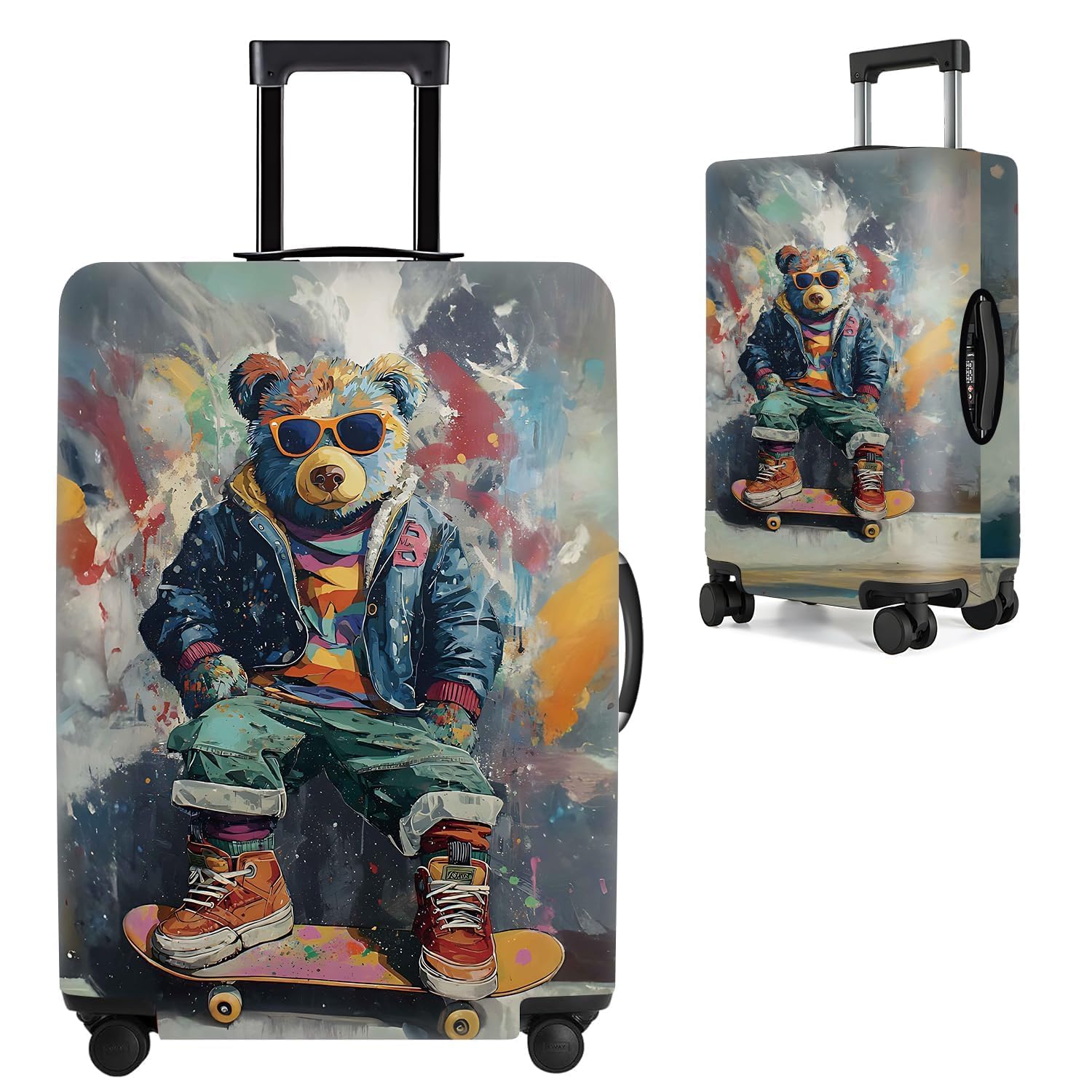 Cool Bear Skateboard Luggage Cover – Colorful Graffiti Style Suitcase Protector with Trendy Cartoon Bear – Fits 20" to 22" Luggage,S