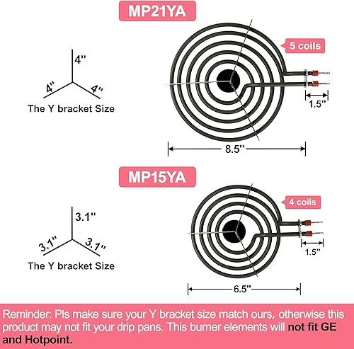 Miniatura 3 de LXun MP22YA Mejorado Paquete de 2 Unidades de Elementos Quemadores de Estufa Eléctrica, 1 x MP21YA de 8" y 1 x MP15YA de 6" Quemadores de Estufa