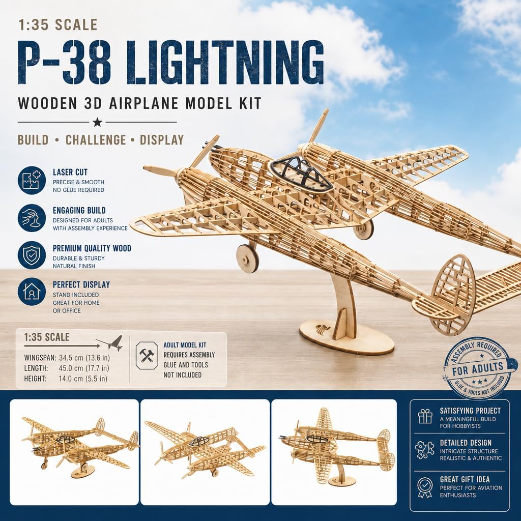Quolefly 1:35 Lightning P38 3D Wooden Model Kit for Adults – DIY Balsa & Plywood Aircraft Puzzle – Scale 1:35 WWII Fighter Plane