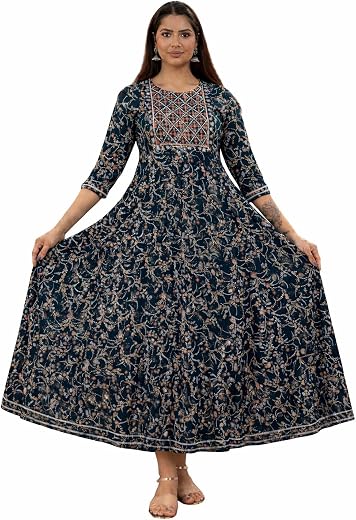 Maroon Rayon Printed Anarkali Kurti for Women | 3/4 Sleeve | Long Flared Ethnic Dress