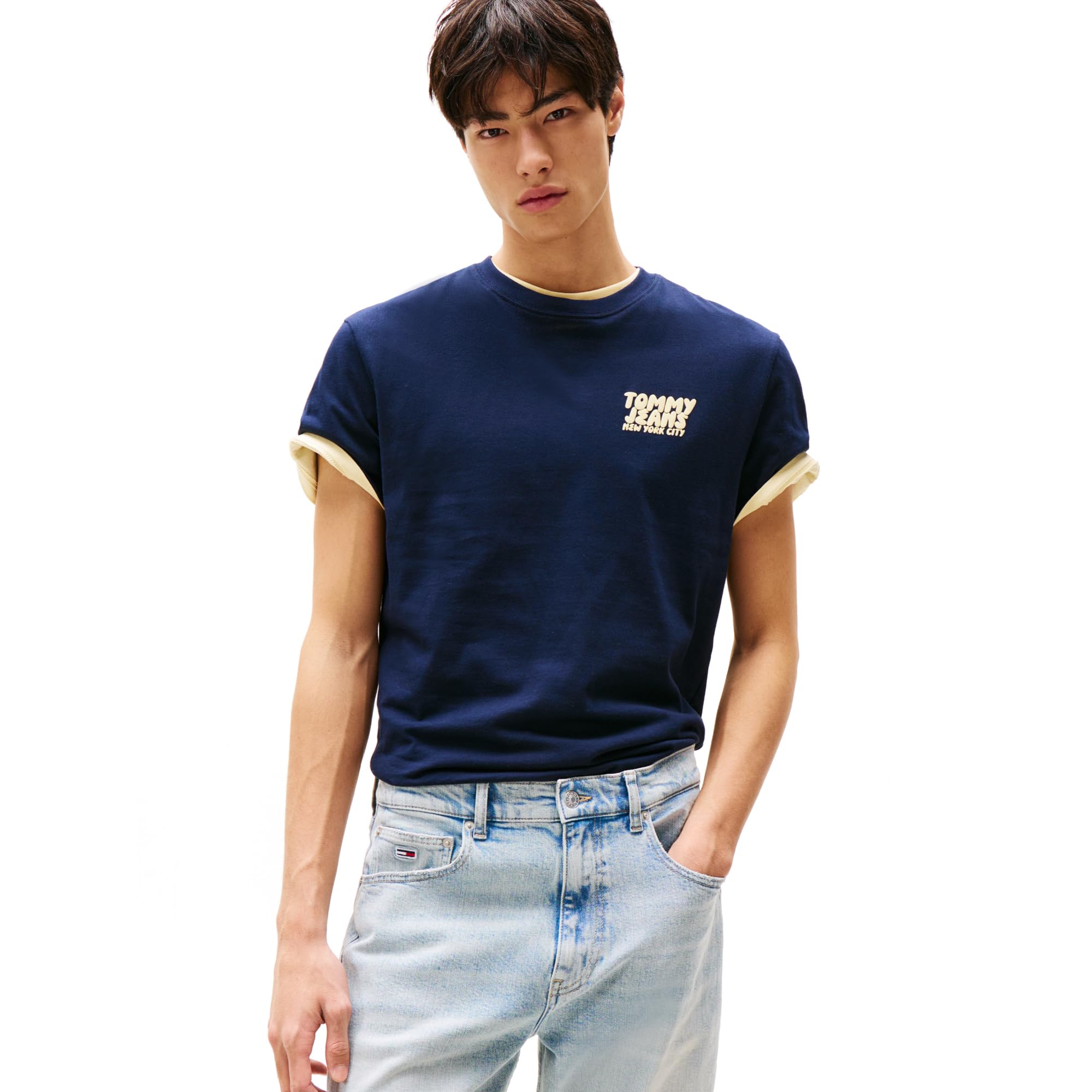 Tommy Jeans Camisetas de Manga Corta para Hombre con Logotipo Impreso, de algodón, de Manga Corta, con Logotipo Impreso, Dark Night Navy, L