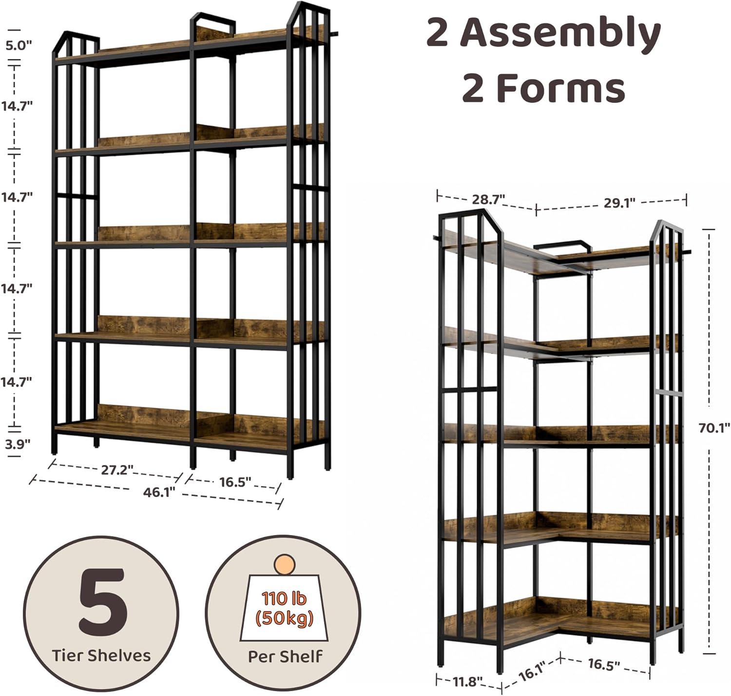 RECCI Reversible Bookshelf, 5-Tier 70" Corner or Straight Bookcase, Industrial Wood and Metal Storage Shelf for Living Room, Home Office, Rustic Brown