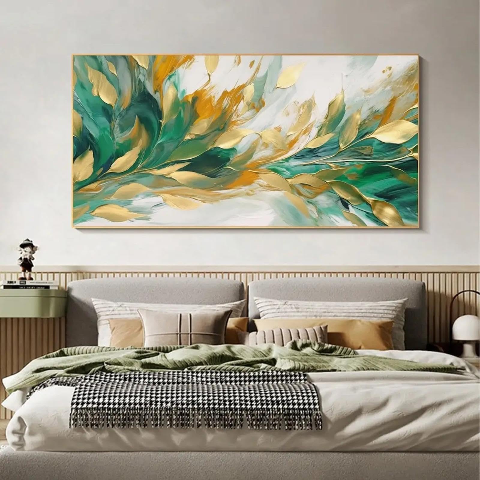 Cuadro abstracto de hojas modernas grandes sobre lienzo, decoración artística dorada, planta verde, pintado a mano, arte de pared para sala de estar, 70 x 140 cm (28 x 55 pulgadas), con marco dorado.