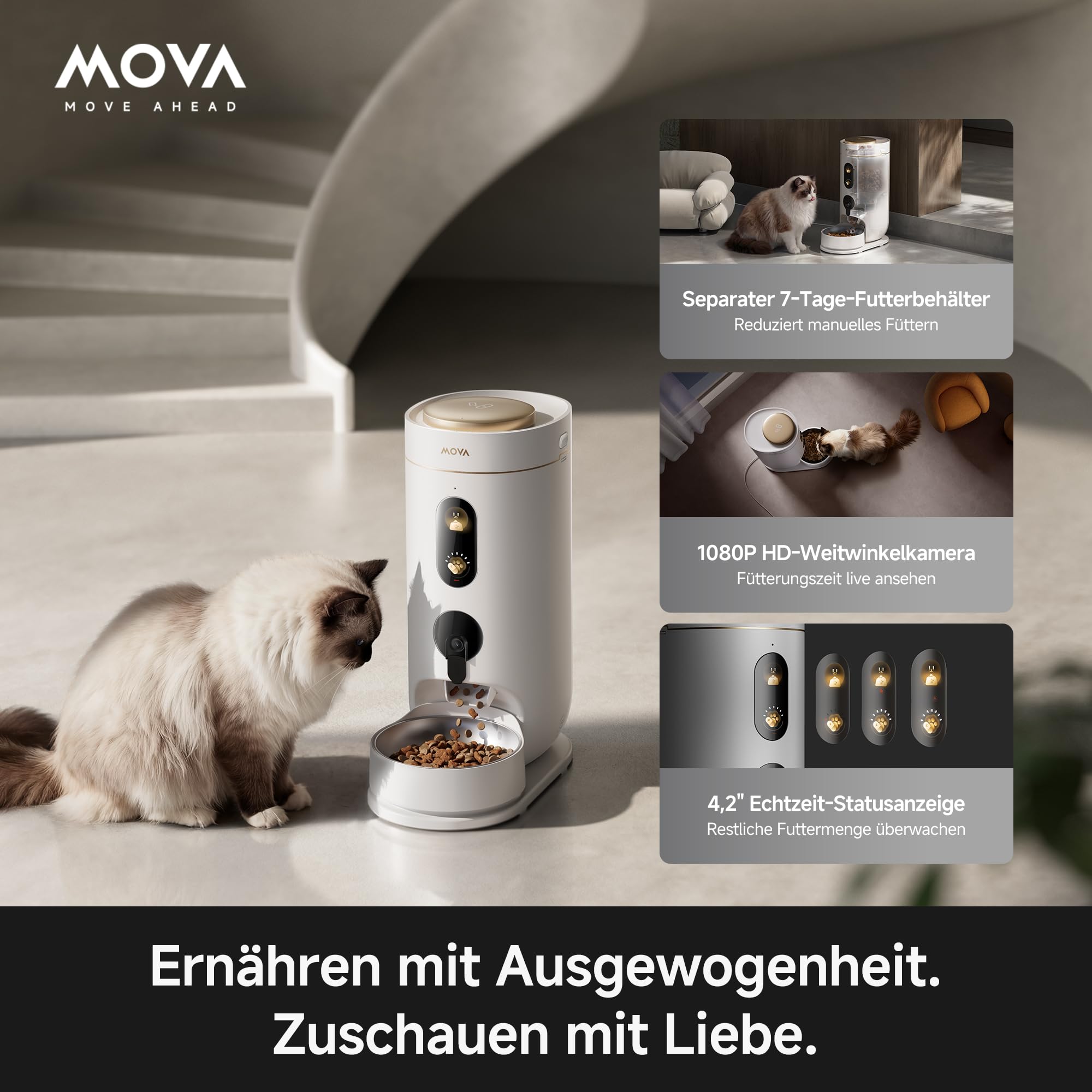MOVA NutriPal 10 Ultra-Futterautomat mit separatem 7-Tage-Futterbehälter, 1080P HD-Weitwinkelkamera, 4 Futter-Modi, 4,2"-Echtzeit-Statusanzeige, 4L-Kapazität für 20+ Tage, für Trockenfutter bis 12mm