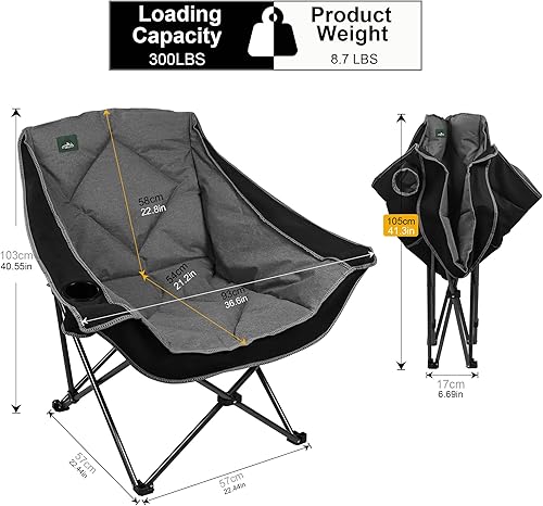 Miniatura 3 de Northroad Oversized Foldable Camping Chair, Outdoor Padded Lawn Chair wCup Holder,Carry Bag for Beach, Hiking, and Picnics,Black
